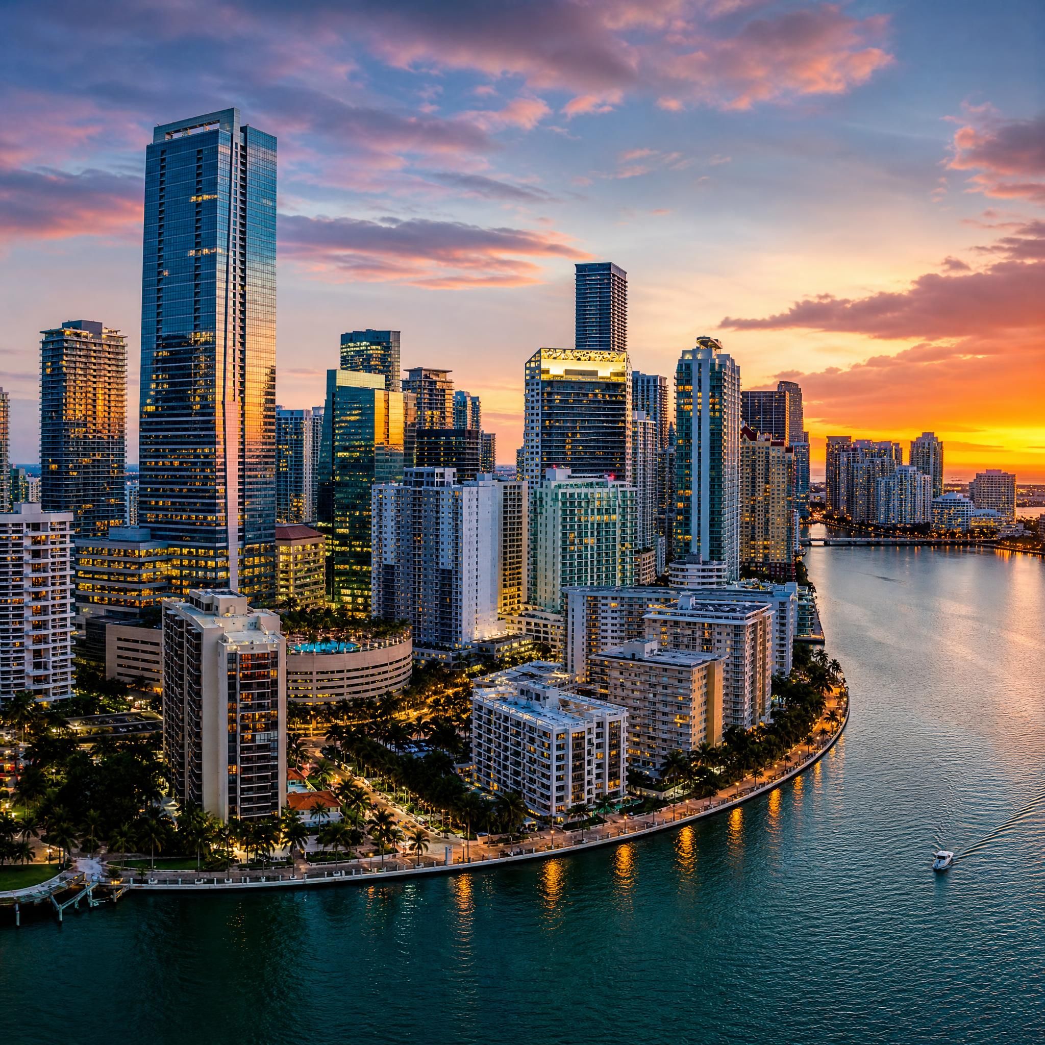 Aerial view of Miami's Brickell skyline at sunset with luxury high-rise towers reflecting on Biscayne Bay waterfront