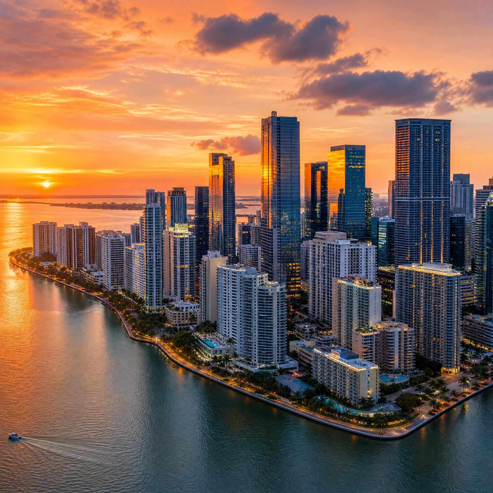 Aerial sunset view of Miami's Brickell skyline with Biscayne Bay waterfront luxury towers reflecting golden light