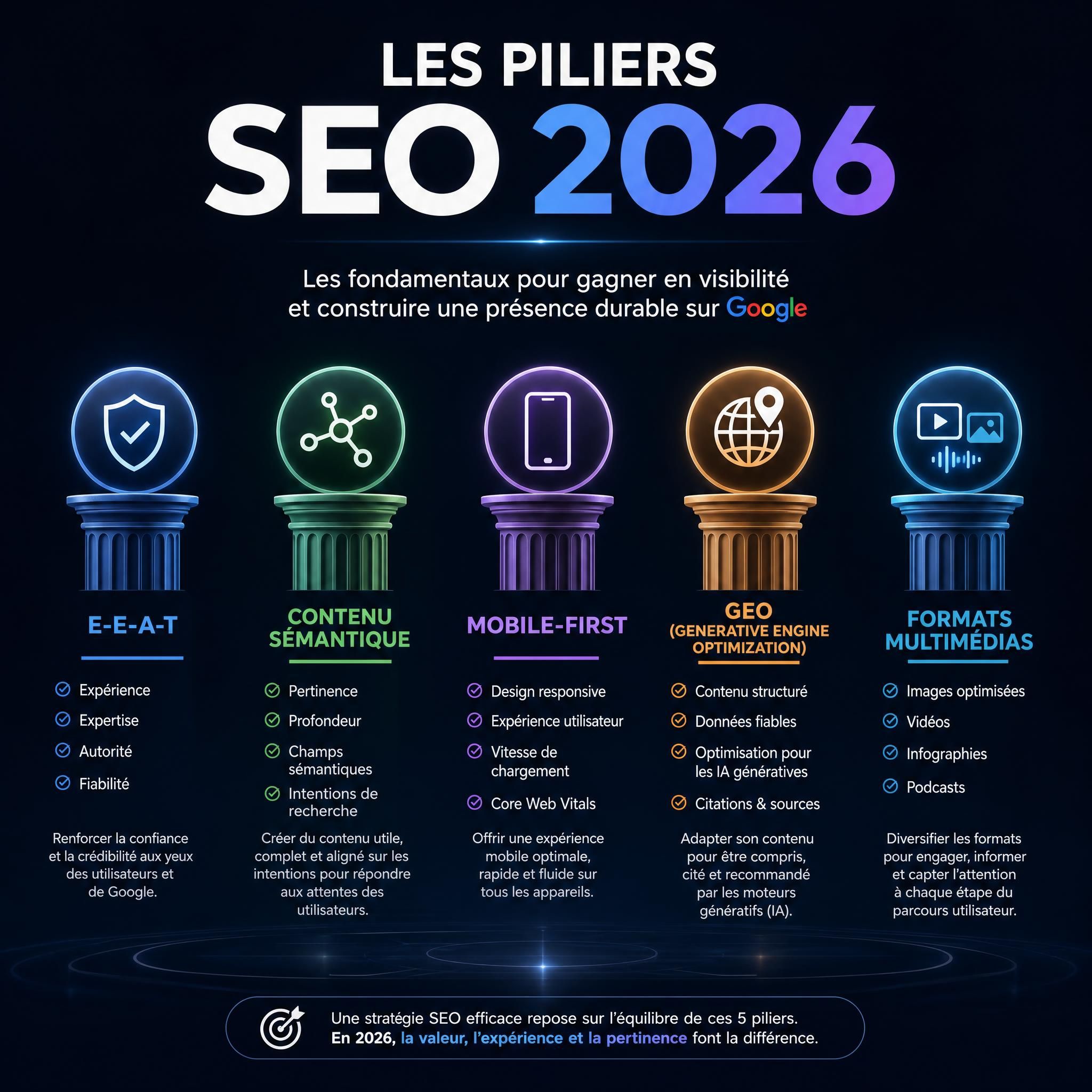 Schéma des piliers SEO 2026 — E-E-A-T, contenu sémantique, mobile-first, GEO et formats multimédias sur fond sombre