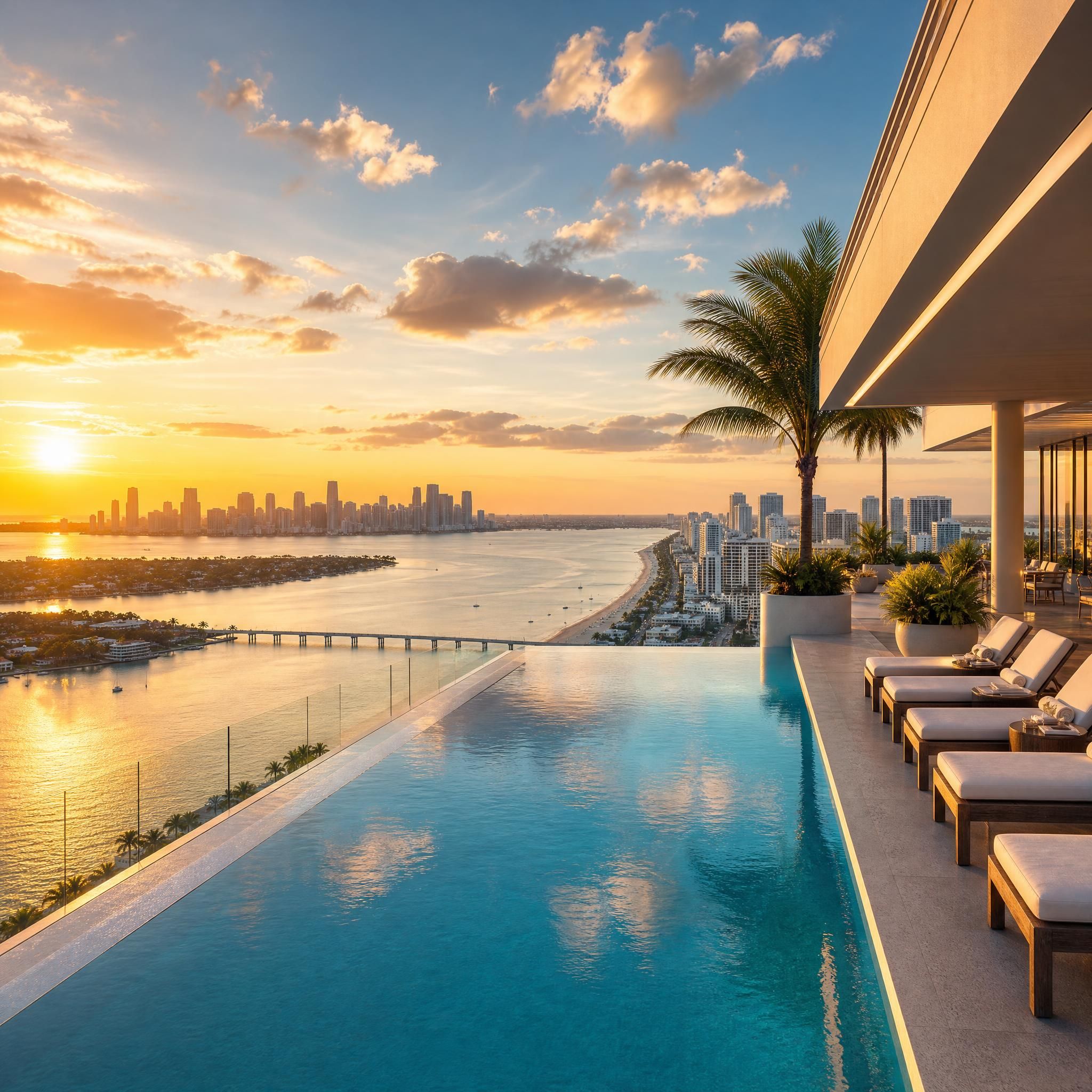 Rooftop infinity pool at a luxury Miami condo building with panoramic views of Biscayne Bay and the Miami Beach coastline at golden hour