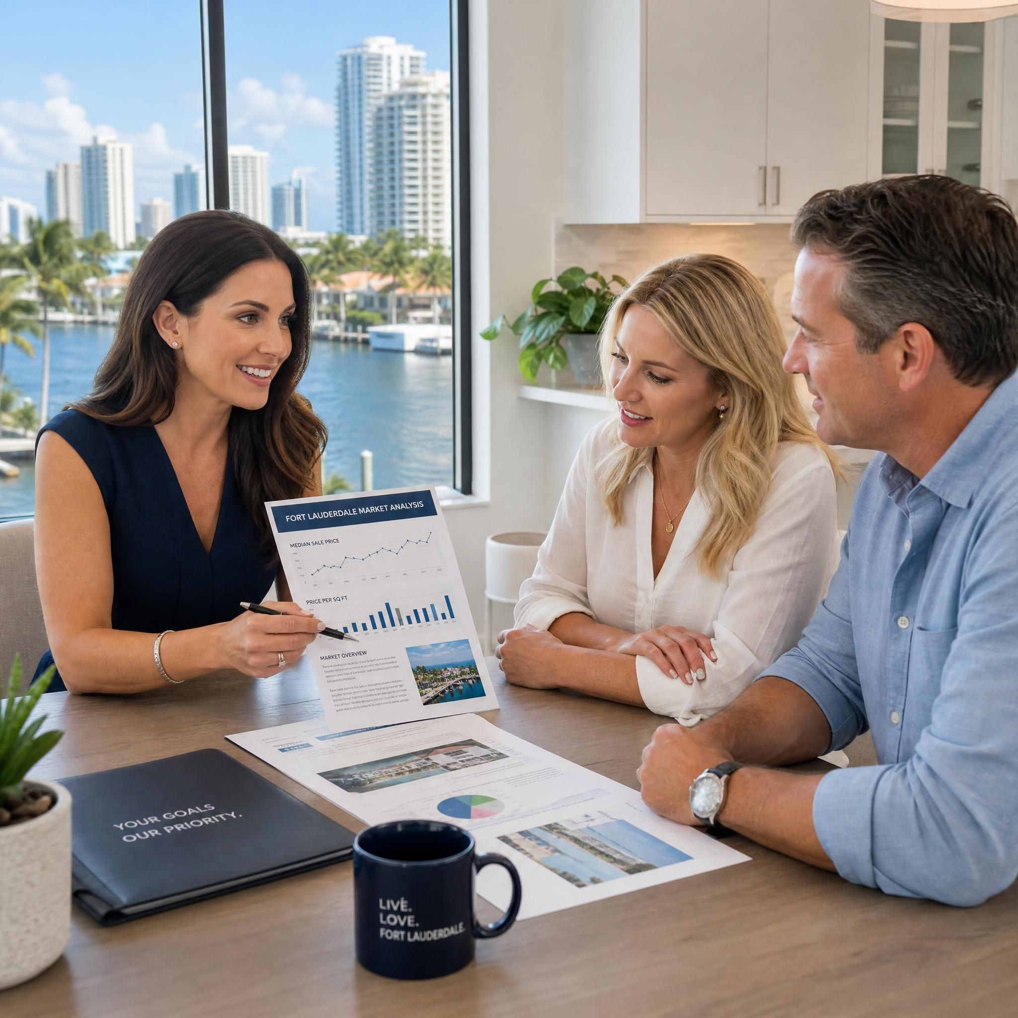 Professional South Florida real estate agent consulting with homeowners at a kitchen table, reviewing market analysis documents with Fort Lauderdale visible through the window