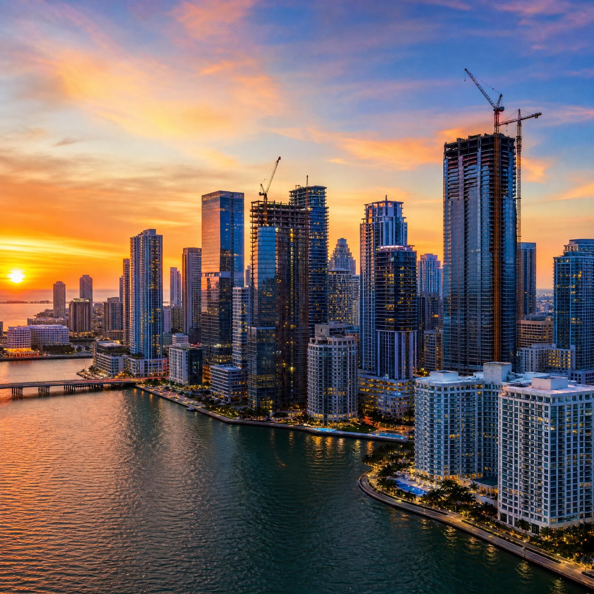 Aerial drone shot of Miami's Brickell skyline at sunset with Biscayne Bay in the foreground, luxury high-rise towers under construction