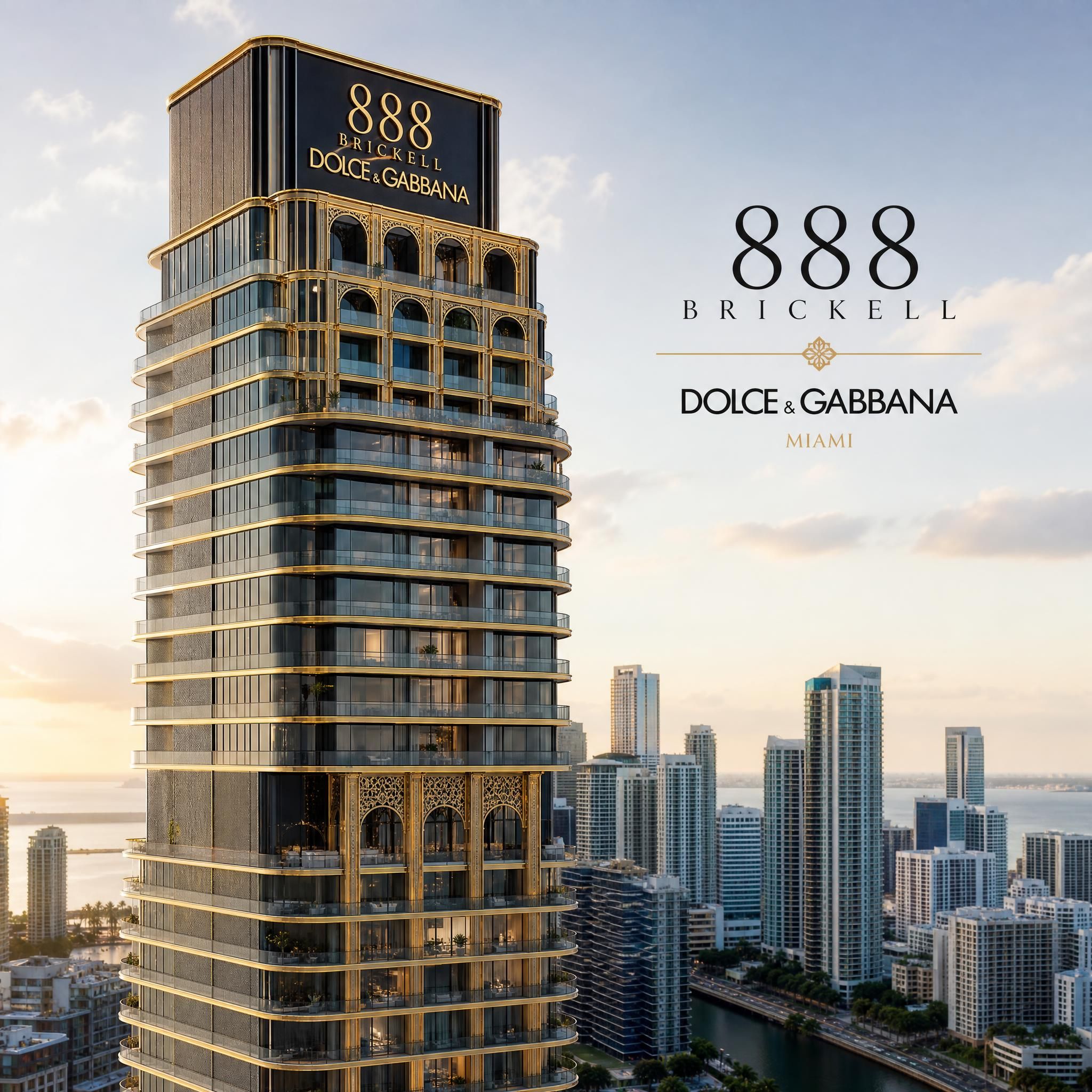 Architectural rendering of 888 Brickell by Dolce & Gabbana luxury tower with gold-trimmed facade against Miami skyline