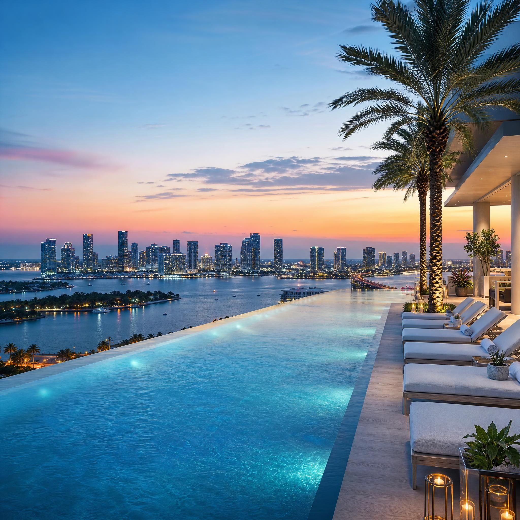 Rooftop infinity pool at a Miami luxury condo tower with panoramic views of Biscayne Bay and the Miami Beach skyline at dusk