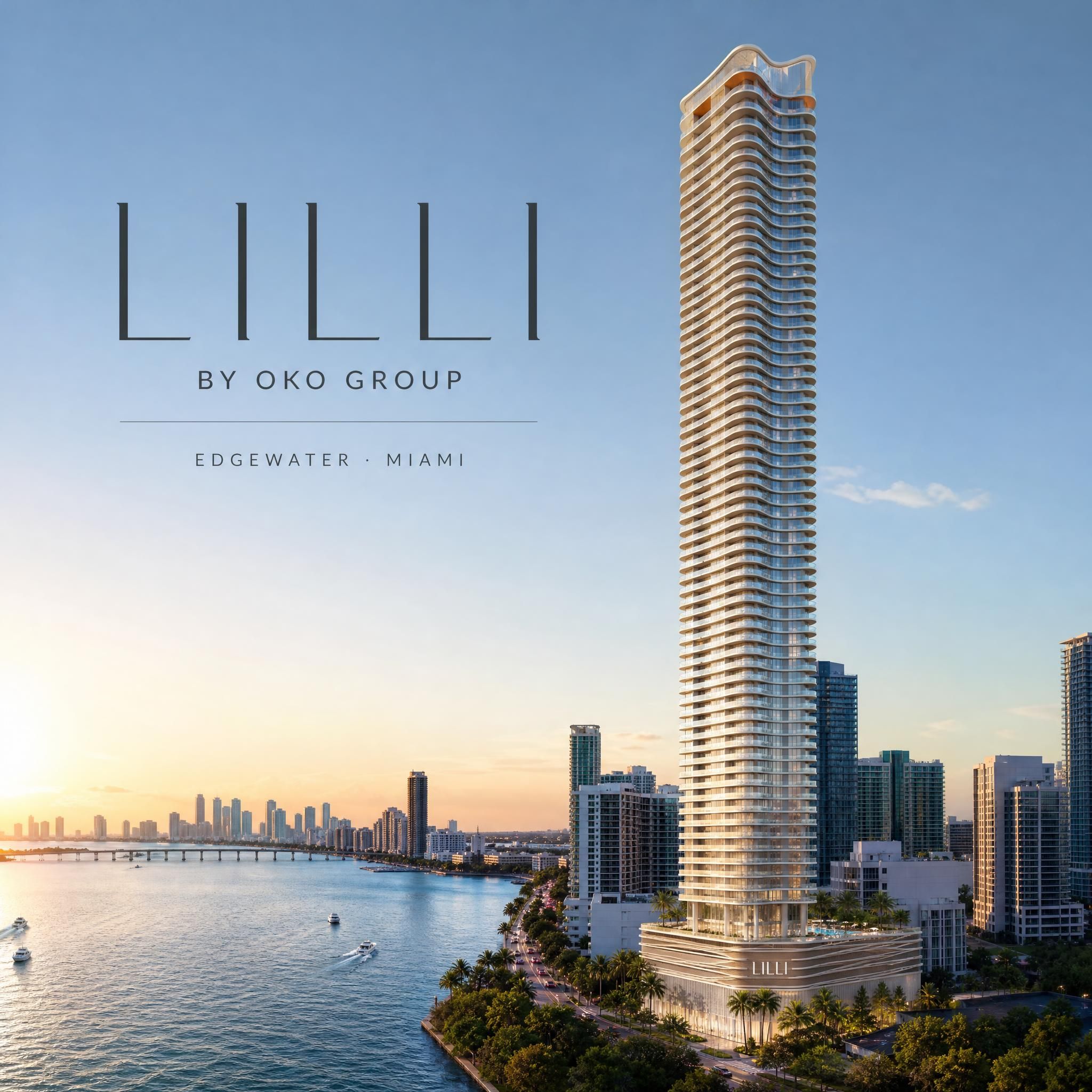 Architectural rendering of LILLI tower by OKO Group rising along Biscayne Bay in Miami's Edgewater neighborhood with waterfront views