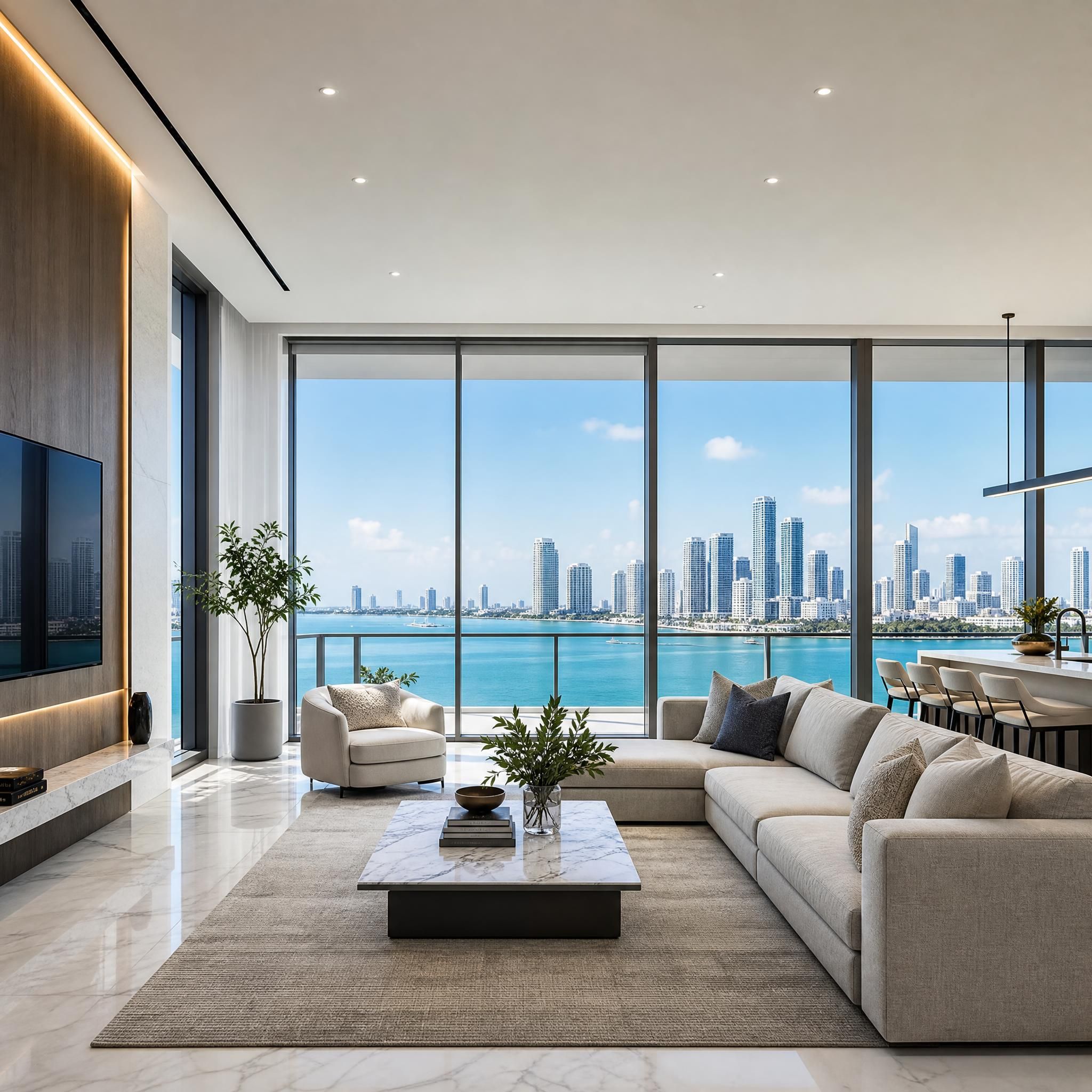 Luxury condo interior with floor-to-ceiling windows overlooking Biscayne Bay and the Miami skyline, showcasing modern high-end finishes