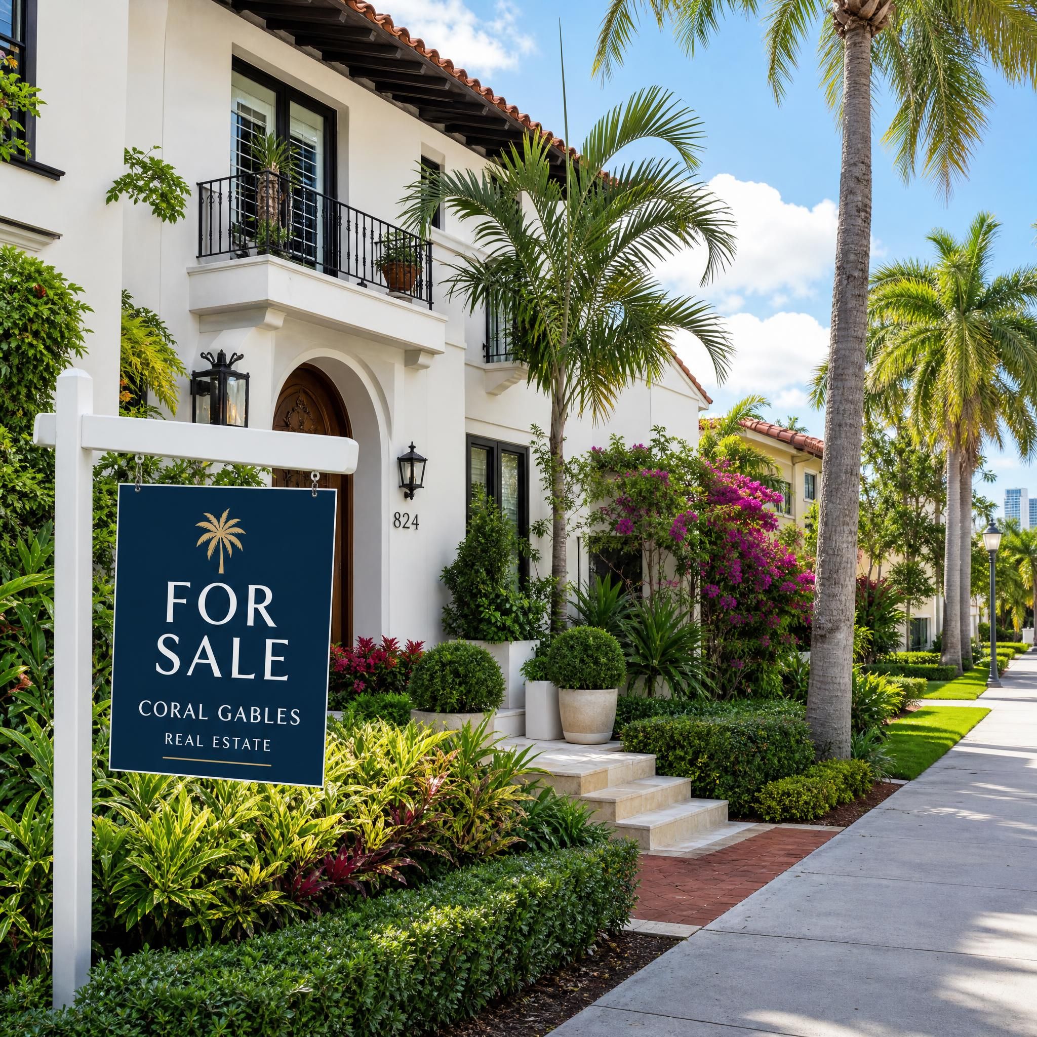 Vibrant street-level view of a South Florida residential neighborhood featuring a well-staged home for sale with tropical landscaping and a
