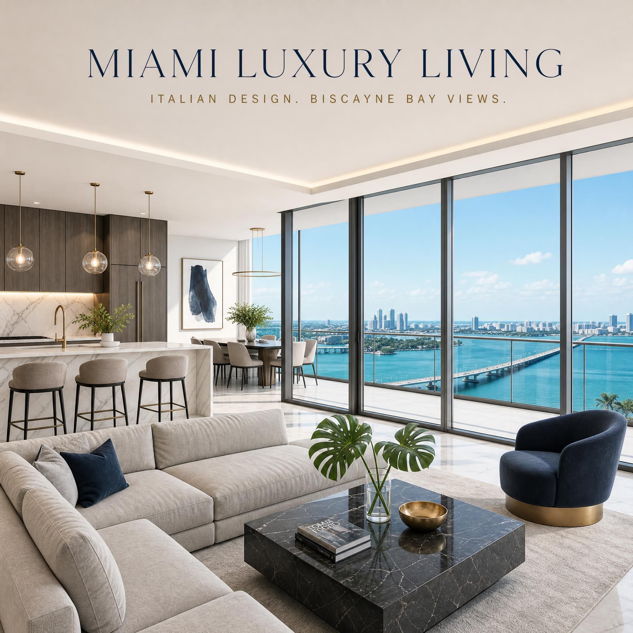 Luxury Miami condo interior with floor-to-ceiling windows overlooking Biscayne Bay, featuring Italian marble finishes and open-plan living space
