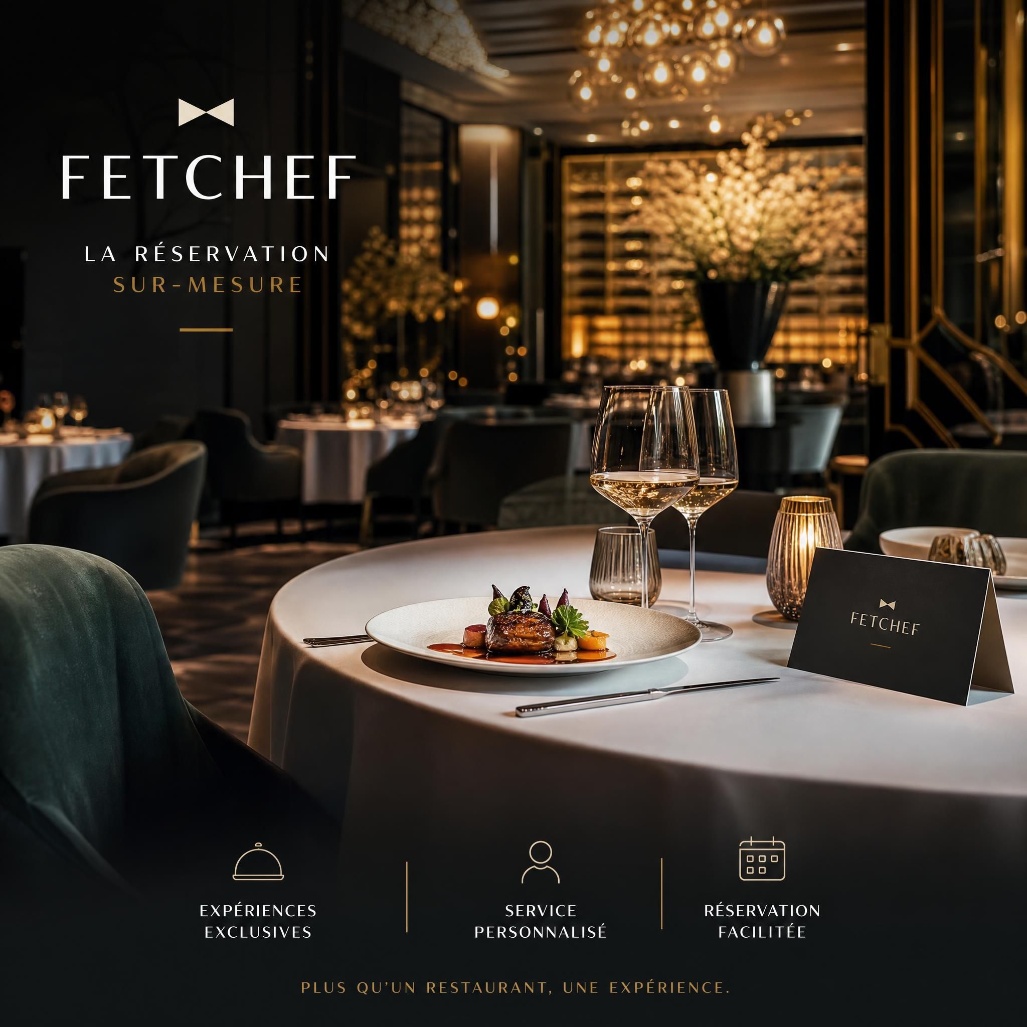 Restaurant gastronomique de prestige avec salle élégante et lumières tamisées, symbolisant l'expérience haut de gamme et la réservation sur-mesure Fetchef