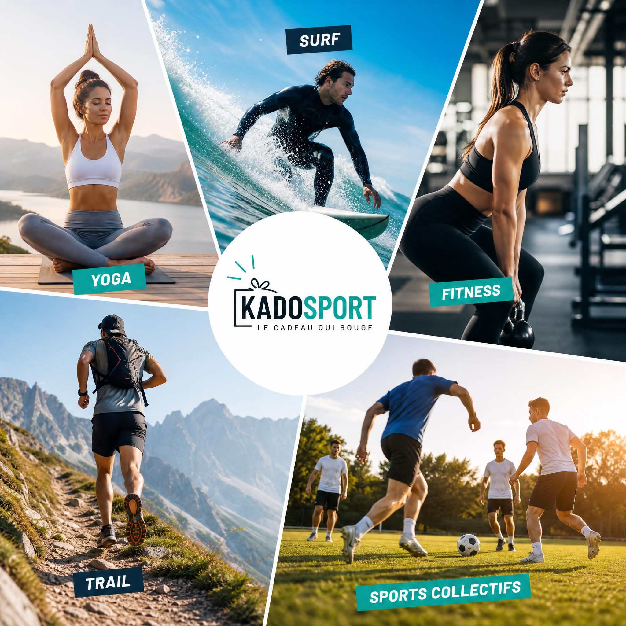 Collage de différentes activités sportives acceptées par Kadosport&nbsp;: yoga, surf, fitness, trail, sports collectifs