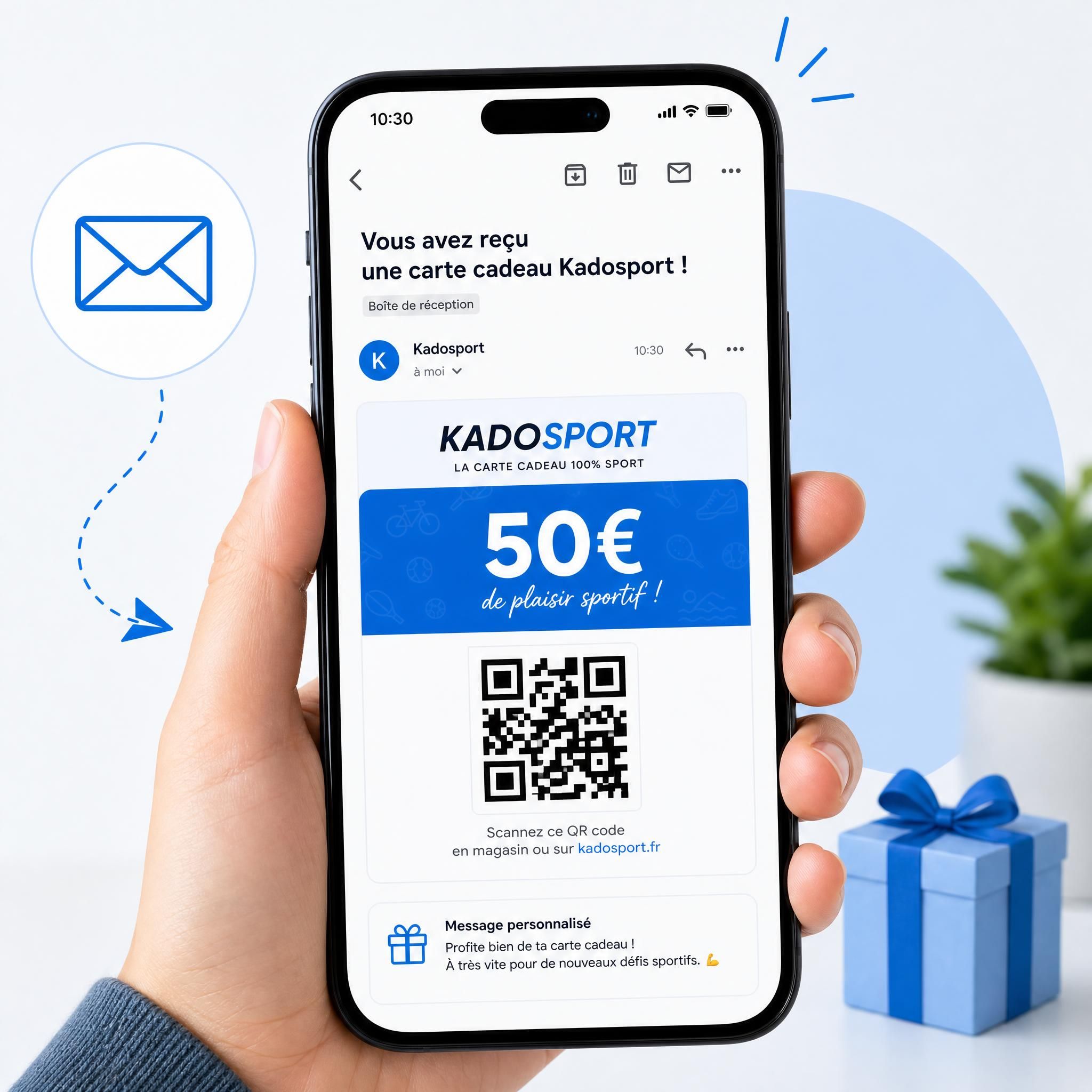 Illustration de la carte cadeau digitale Kadosport reçue par email avec QR code sur smartphone