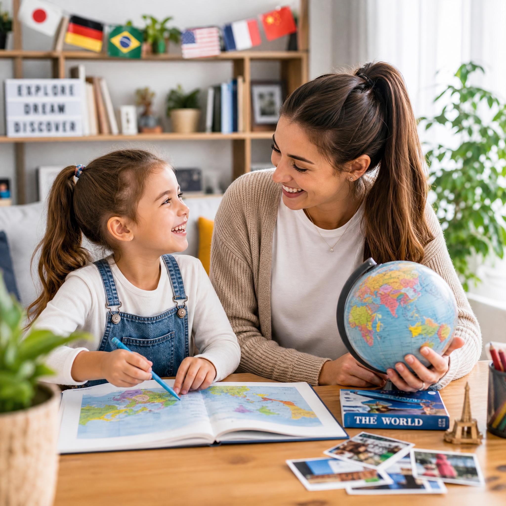 Enfant souriant en train de jouer et d'apprendre avec un jeune au pair dans un cadre familial chaleureux, symbolisant l'échange culturel et l'ouverture sur le monde