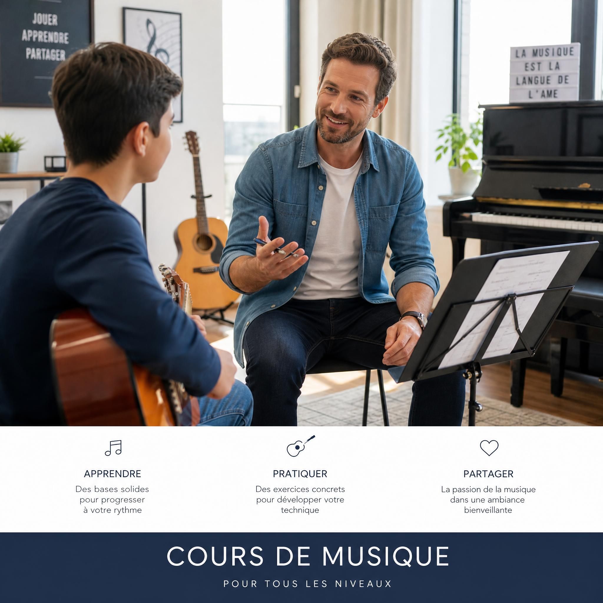 Musicien professionnel donnant un cours de musique à un élève dans un studio lumineux et moderne, guitare et piano visibles en arrière-plan