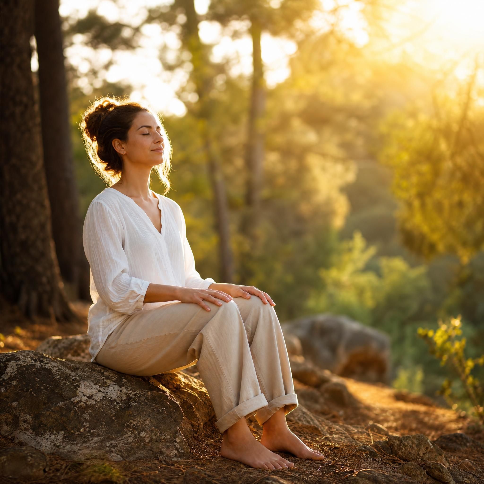 femme en position assise, pieds à plat sur le sol, les yeux fermés, entourée d'une lumière dorée douce, dans un espace naturel serein avec des arbres en arrière-plan, symbolisant l'ancrage et la stabilité intérieure, style photographique chaleureux