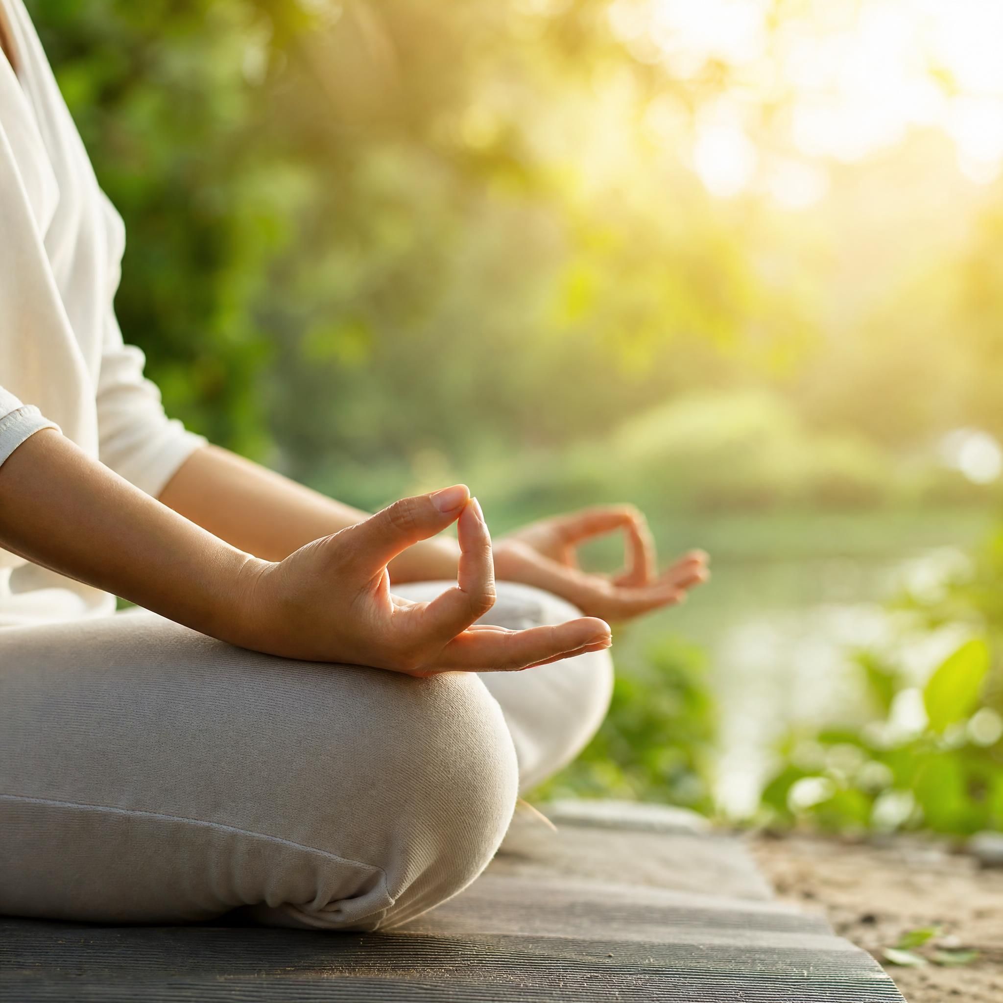 mains posées sur les genoux en position de méditation, lumière naturelle dorée, fond flou naturel verdoyant, ambiance apaisante et centrée, symbolisant la paix intérieure et l'autonomie bien-être