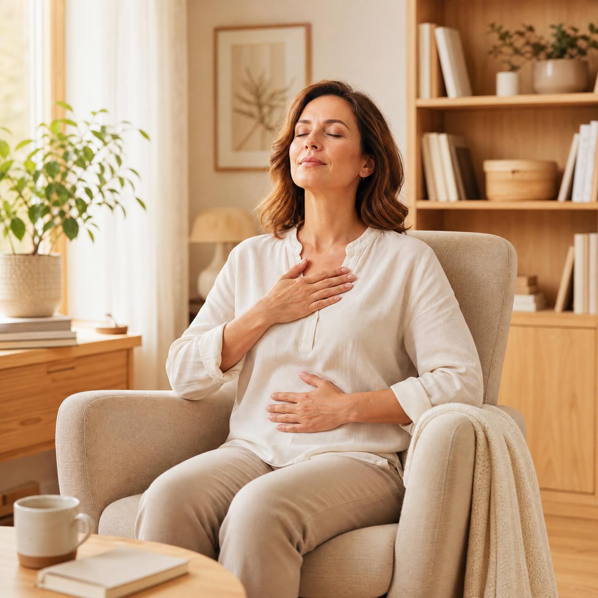 femme d'environ 40 ans assise dans un fauteuil confortable, yeux fermés, visage serein, pratiquant un exercice de respiration profonde dans un intérieur chaleureux aux tons beige et bois clair, lumière naturelle douce