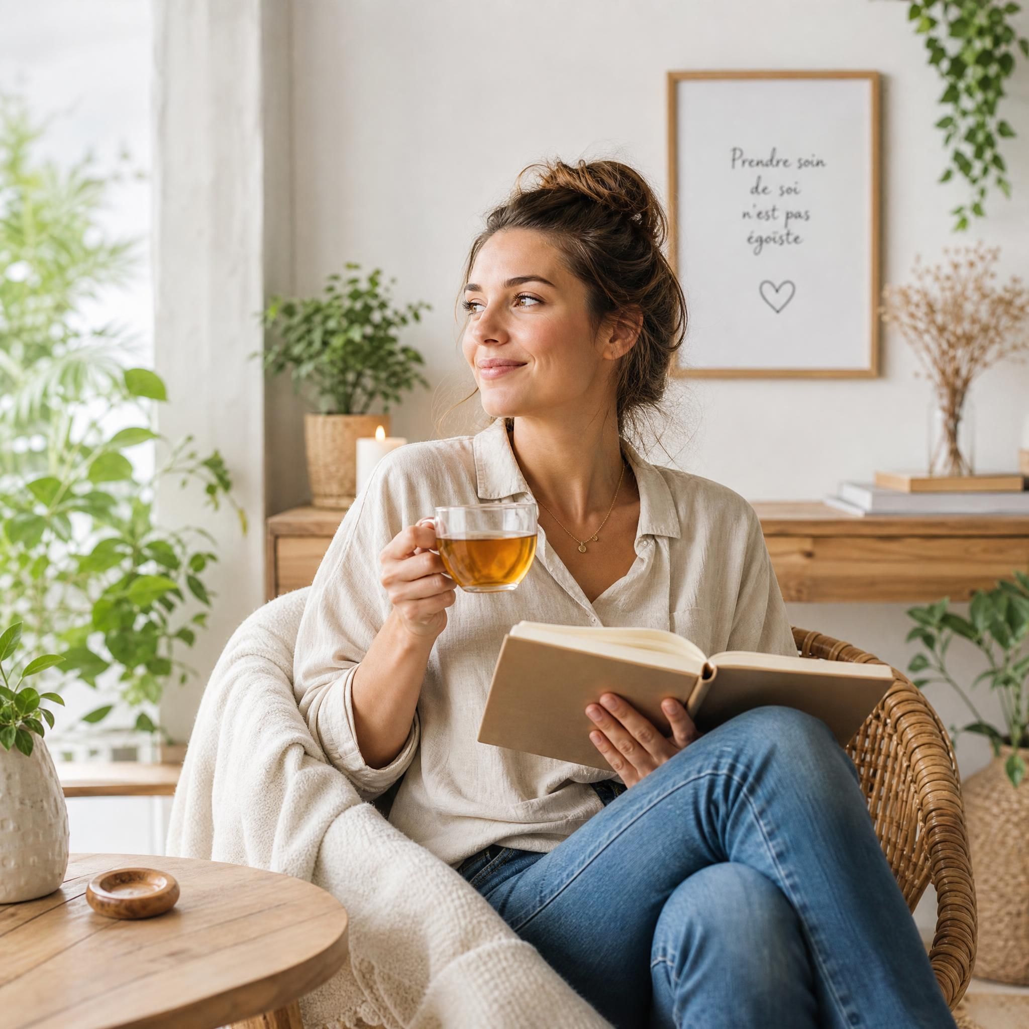 femme sereine tenant un carnet de notes et une tasse de tisane dans un espace de vie lumineux et naturel, ambiance douce et bienveillante, format horizontal 16:9
