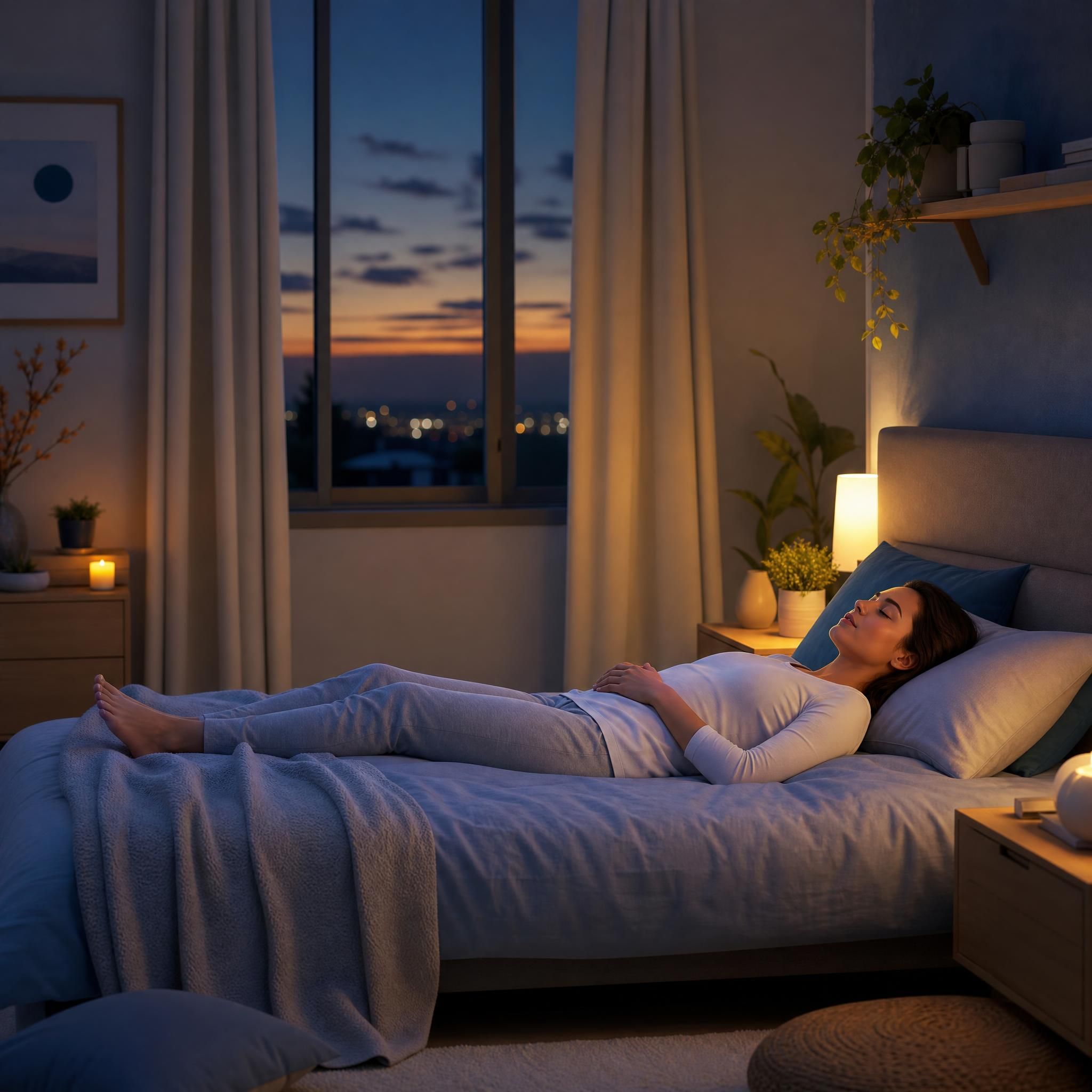 chambre apaisante au crépuscule, femme allongée pratiquant un exercice de relaxation avant de dormir, tons bleus et dorés doux, ambiance sécurisante et sereine