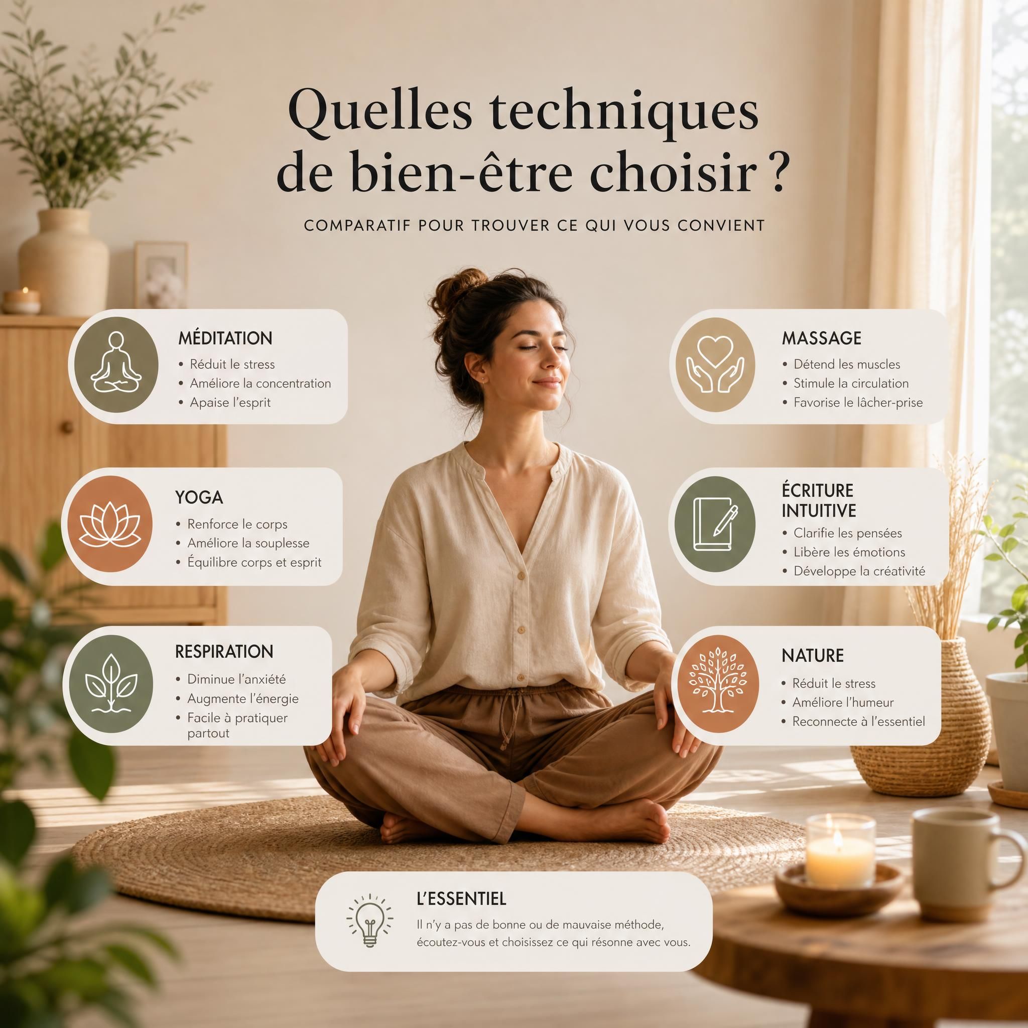 femme sereine assise en position de relaxation, comparant différentes techniques de bien-être, ambiance chaleureuse tons beige et bois clair, lumière naturelle douce