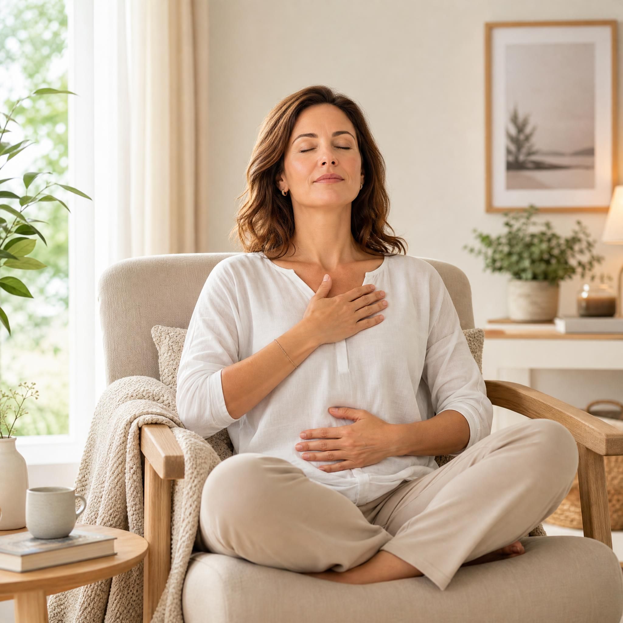 Femme d'environ 40 ans, yeux fermés, visage serein, assise confortablement dans un fauteuil aux tons beige et bois clair, pratiquant un exercice de respiration profonde dans un espace lumineux et apaisant