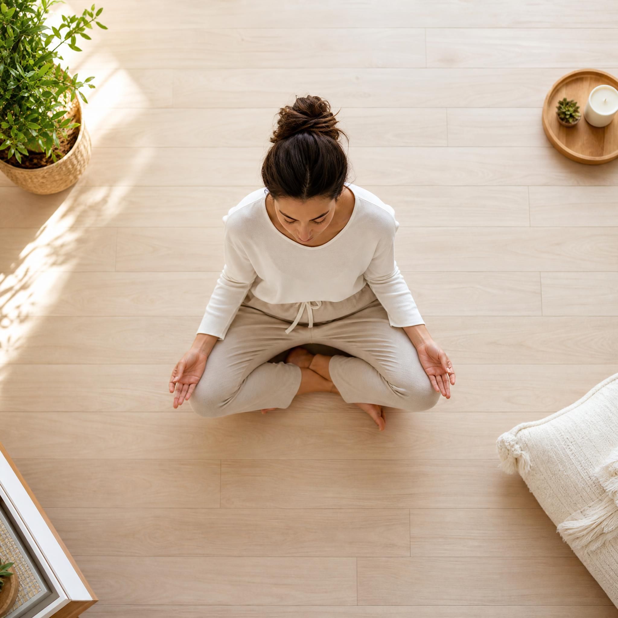 Vue de dessus apaisante d'une femme assise en tailleur sur un sol en bois clair, pieds nus, mains posées sur les genoux, dans un espace minimaliste et lumineux évoquant l'ancrage et la stabilité intérieure