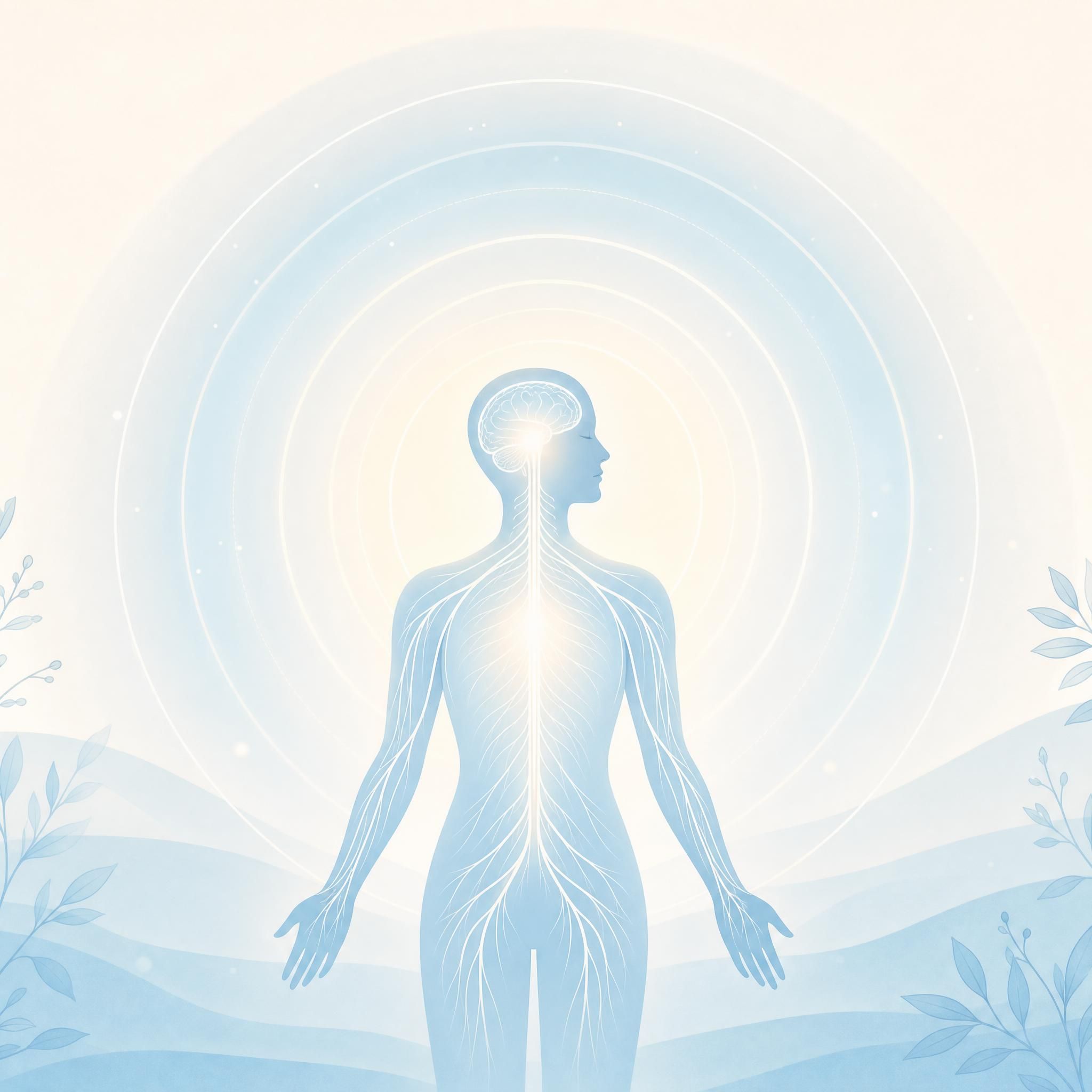 illustration douce d'un système nerveux apaisé représenté par des cercles concentriques lumineux et une silhouette humaine détendue, tons bleu pâle et blanc cassé, style minimaliste bien-être