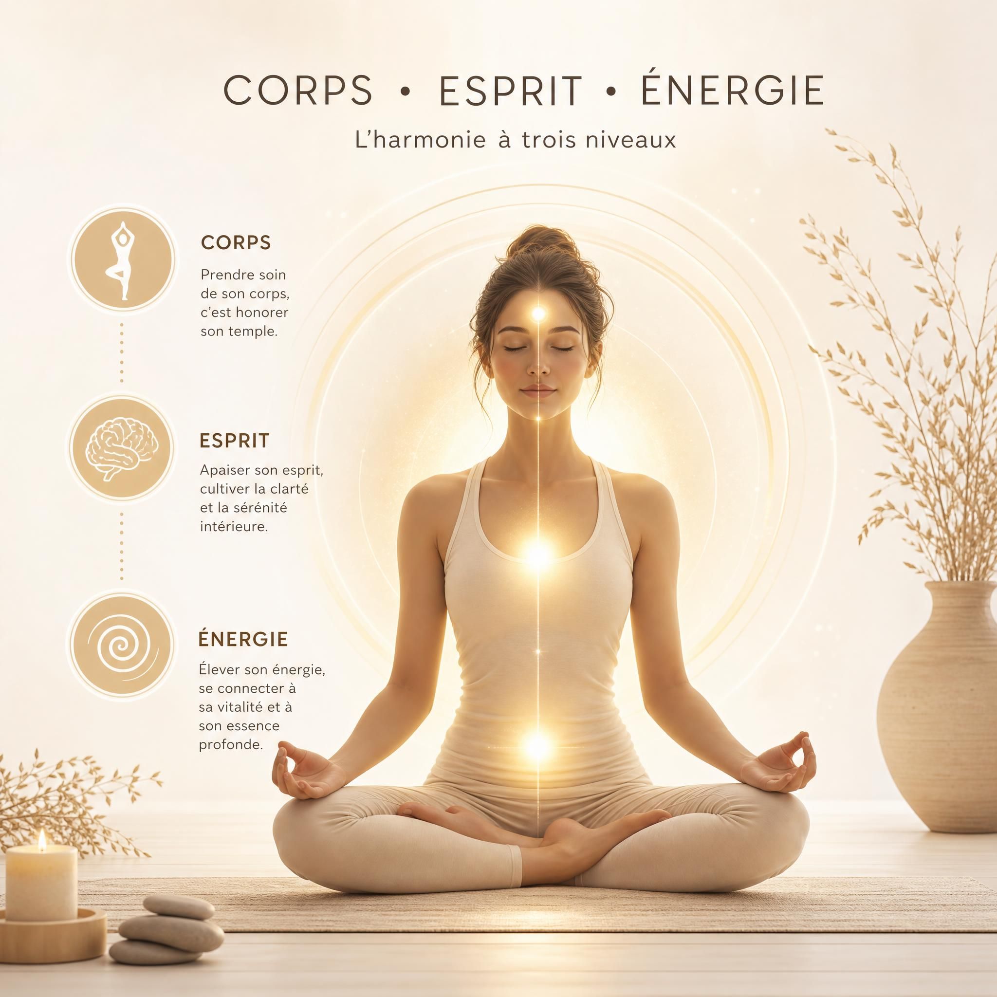 Illustration douce représentant les trois niveaux corps-esprit-énergie, avec une silhouette féminine entourée d'une lumière apaisante dorée et blanche, tons neutres et chaleureux
