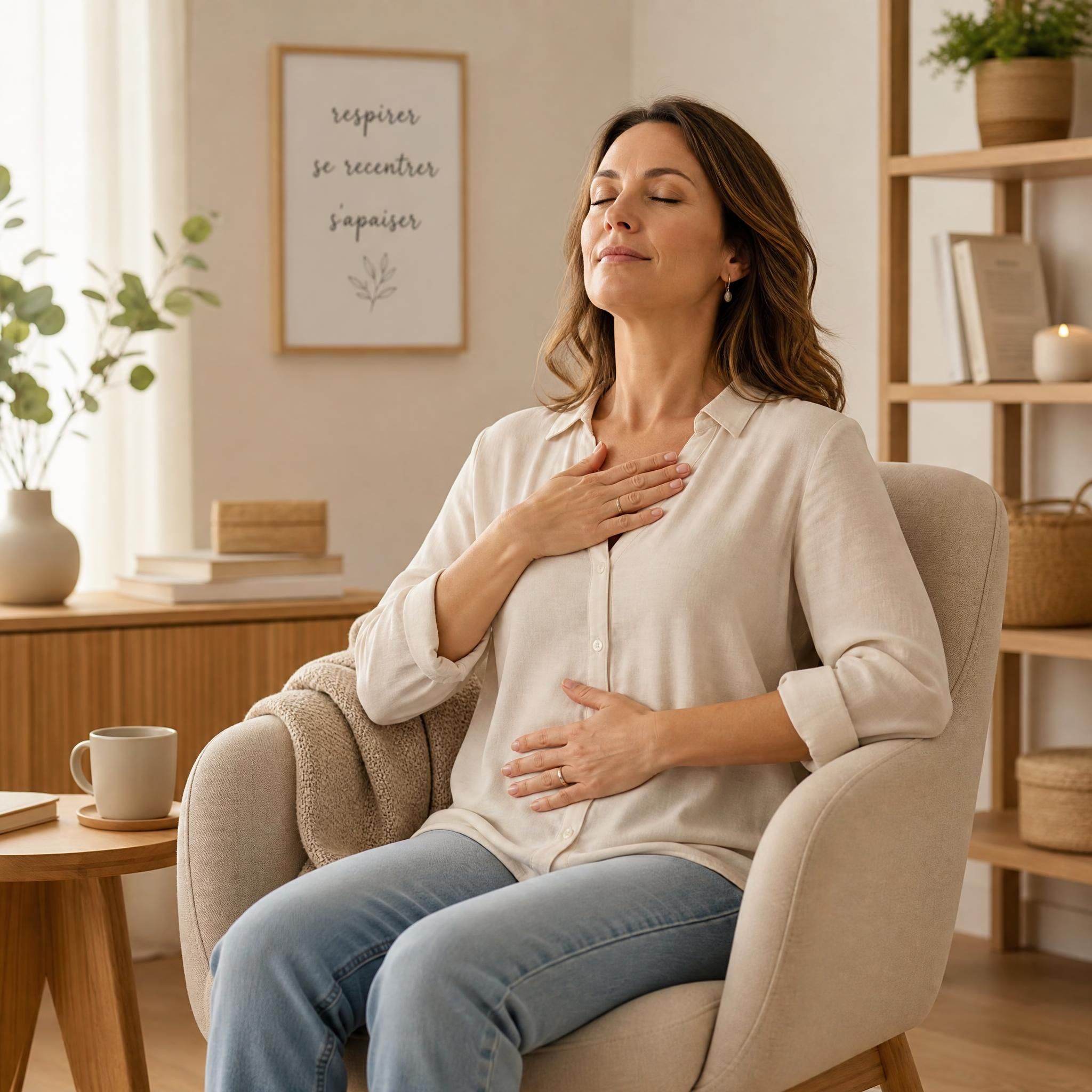 femme d'environ 40 ans assise confortablement dans un fauteuil, yeux fermés, visage serein, pratiquant un exercice de respiration profonde dans un espace chaleureux aux tons beige et bois clair, lumière naturelle douce