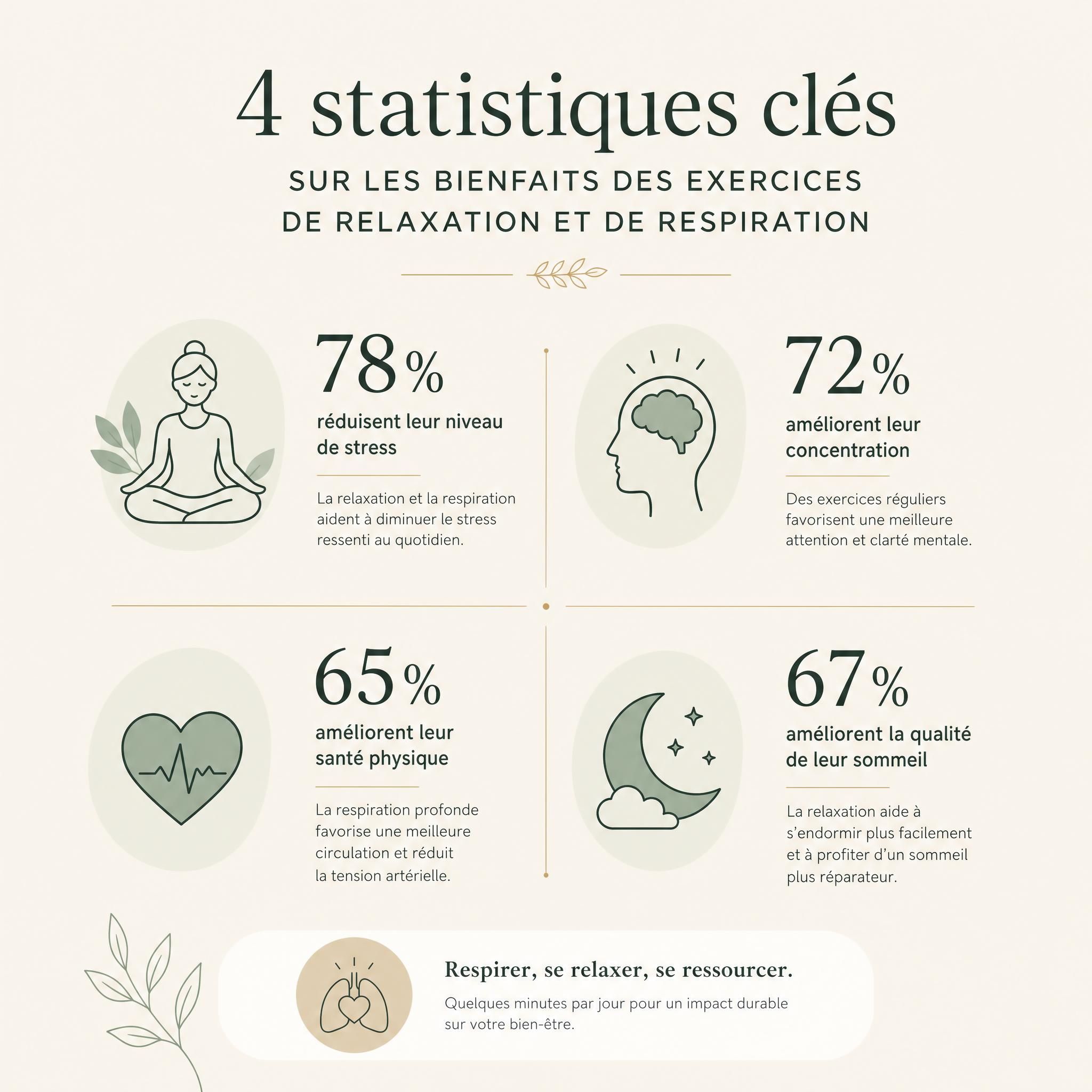 Infographie épurée sur fond beige clair présentant 4 statistiques clés sur les bienfaits des exercices de relaxation et de respiration, style minimaliste et élégant