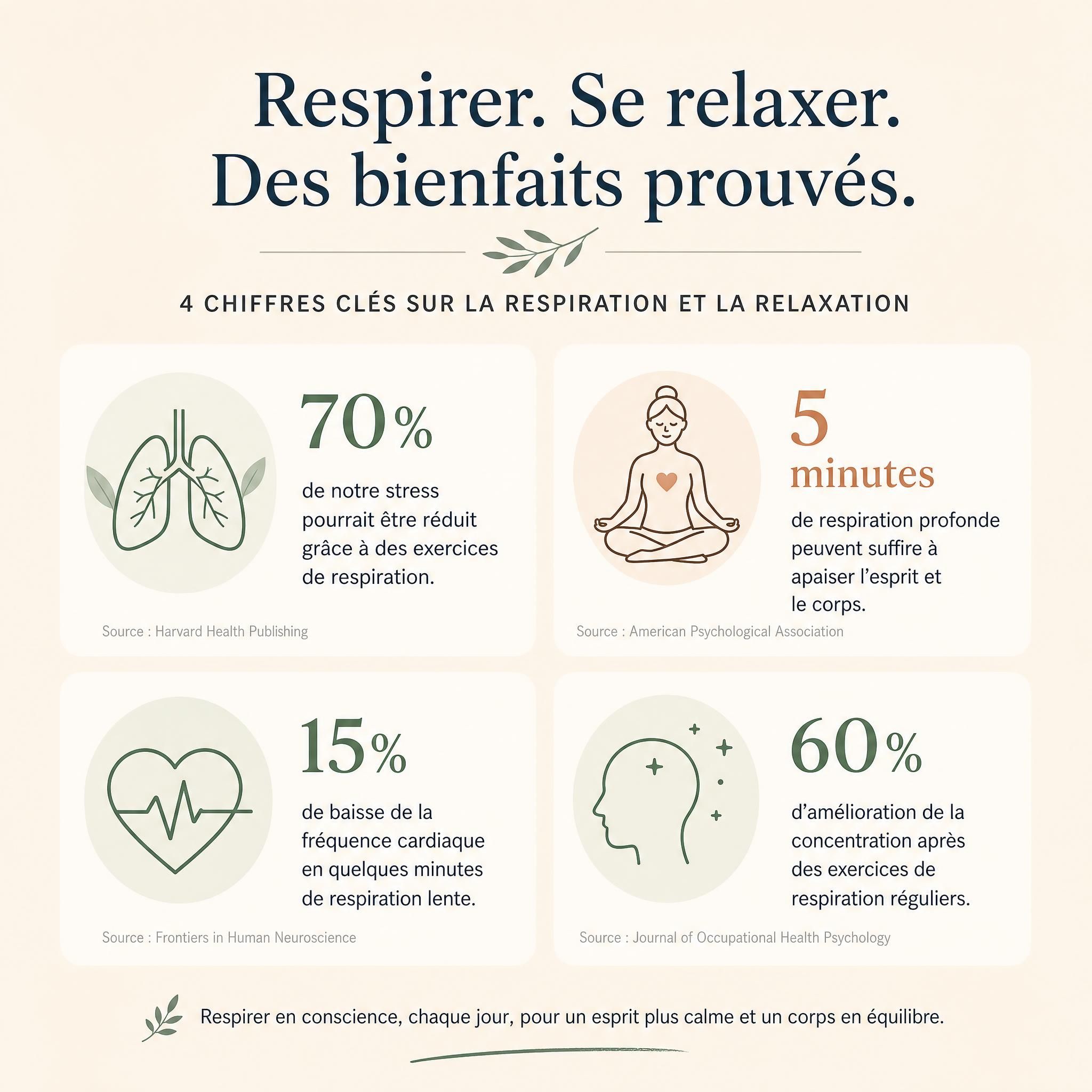 infographie épurée sur fond beige avec 4 statistiques clés sur la respiration et la relaxation, icônes douces, typographie moderne et lisible