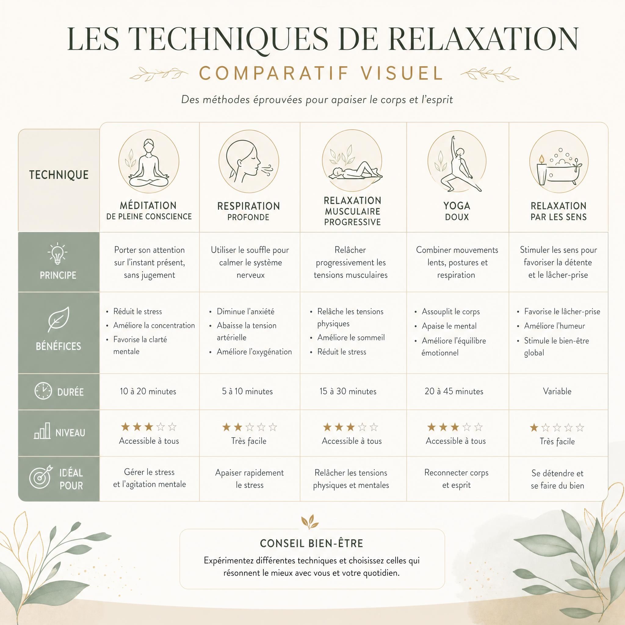 tableau comparatif visuel des techniques de relaxation, design épuré, tons beige doré et vert sauge, style infographique professionnel