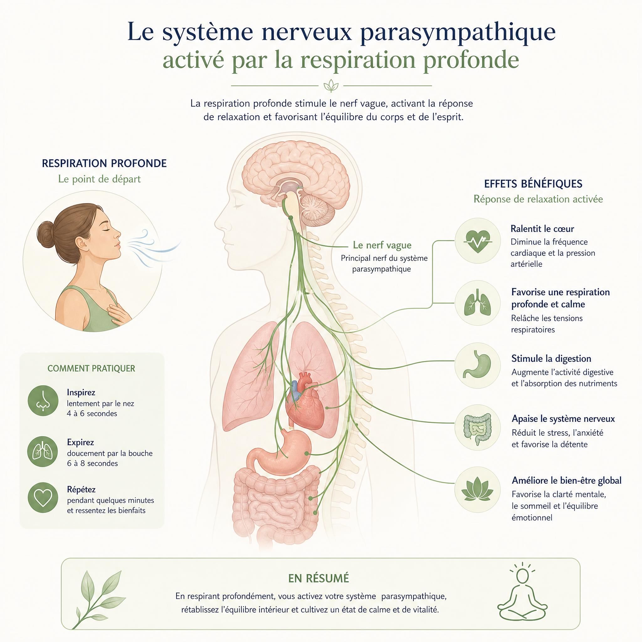 illustration scientifique douce montrant le système nerveux parasympathique activé par la respiration profonde, schéma épuré sur fond blanc cassé avec icônes apaisantes