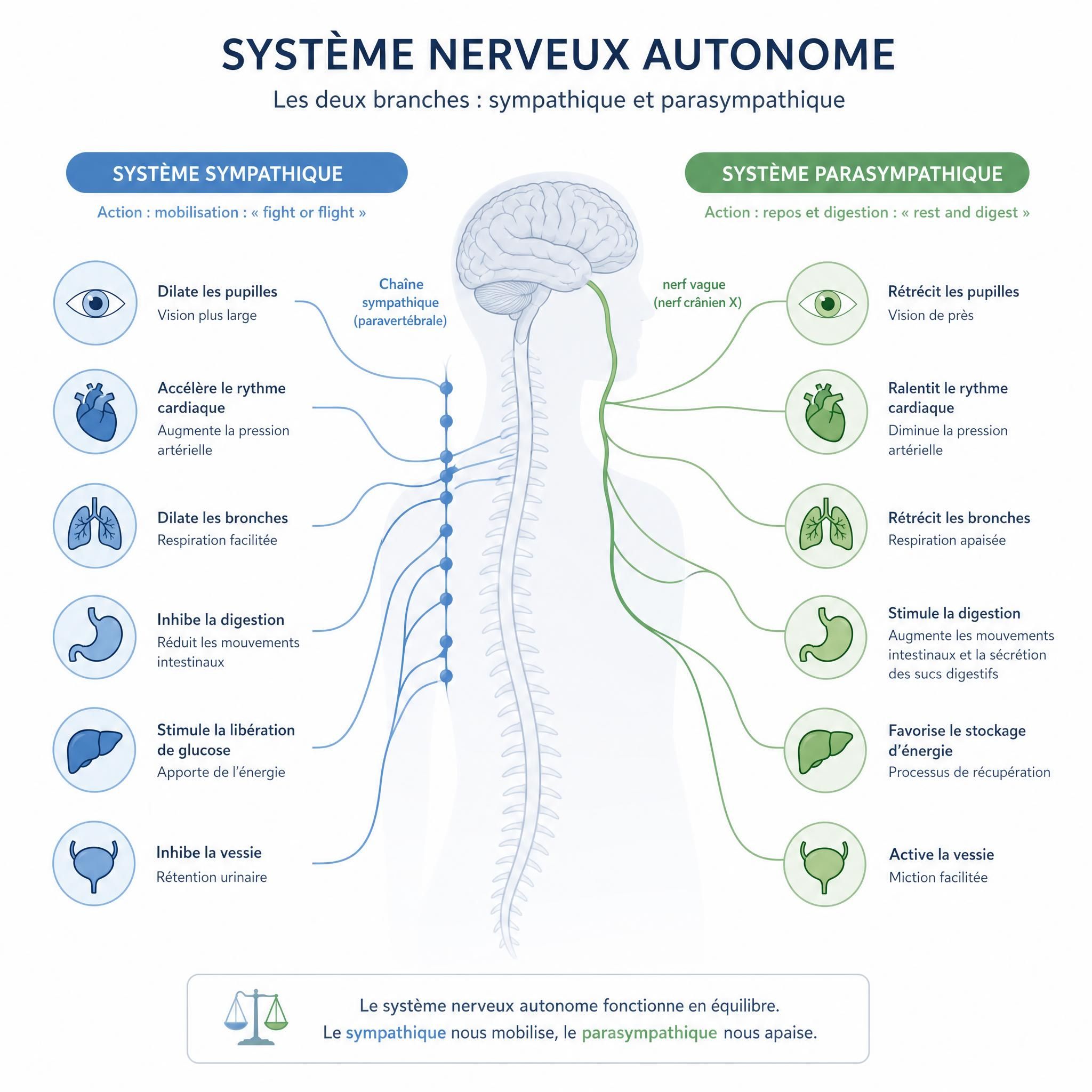 Représentation visuelle du système nerveux autonome avec les deux branches sympathique et parasympathique, tons doux bleu et vert sur fond blanc