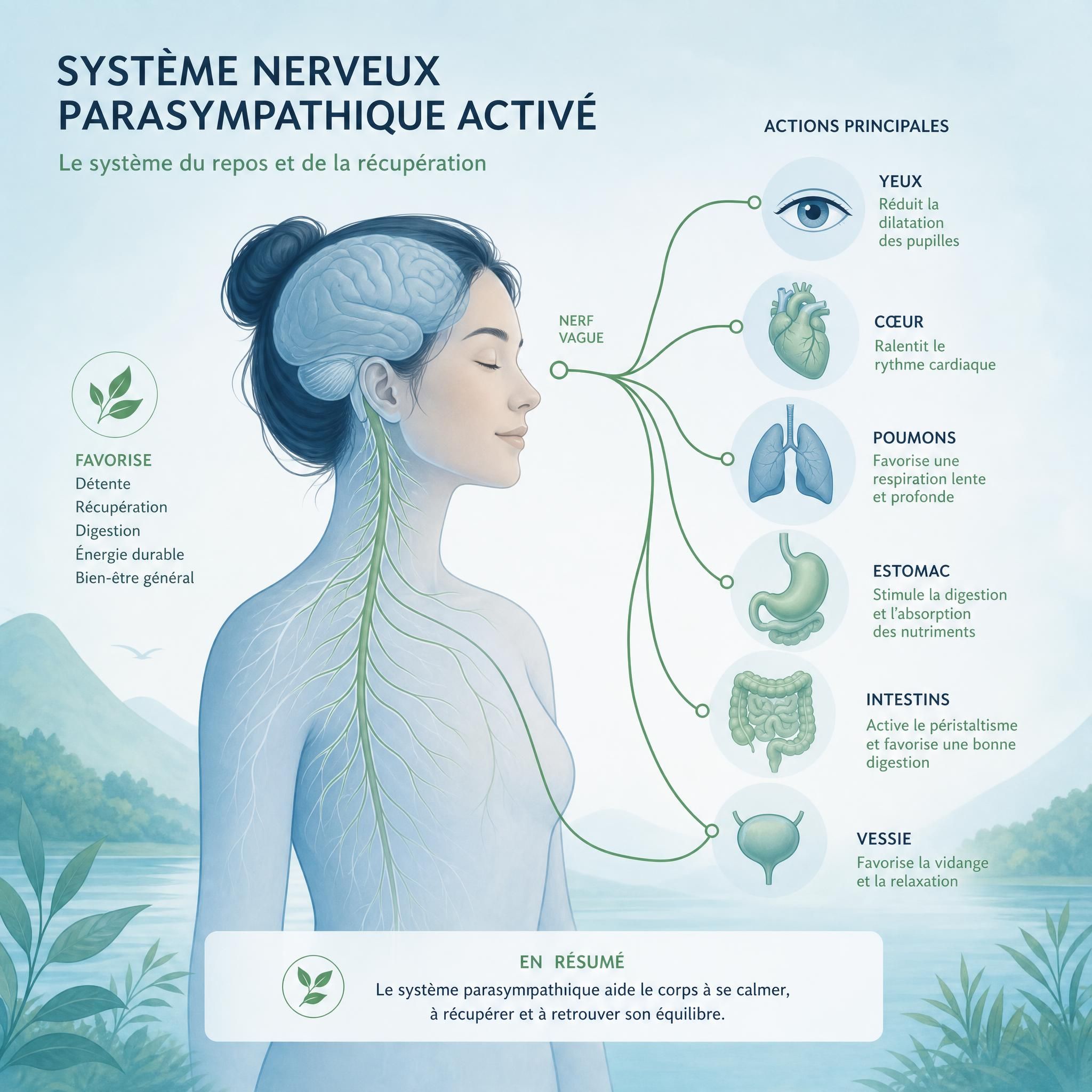 illustration représentant le système nerveux parasympathique activé, ambiance apaisante, tons doux bleu et vert, style épuré et scientifique