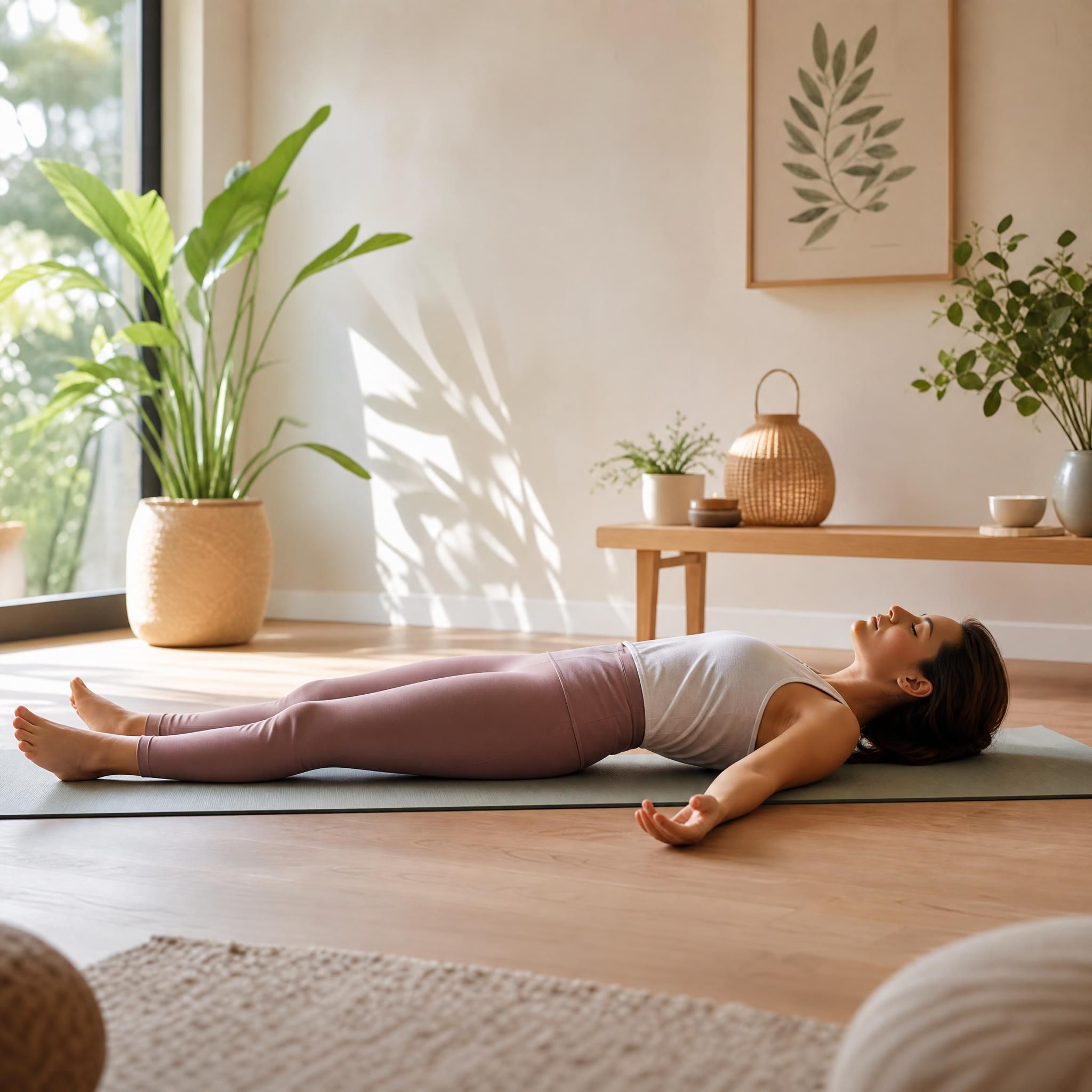 Femme allongée sur un tapis de yoga dans une pièce lumineuse et apaisante, yeux fermés, dans une posture de relaxation profonde, ambiance douce et sécurisante