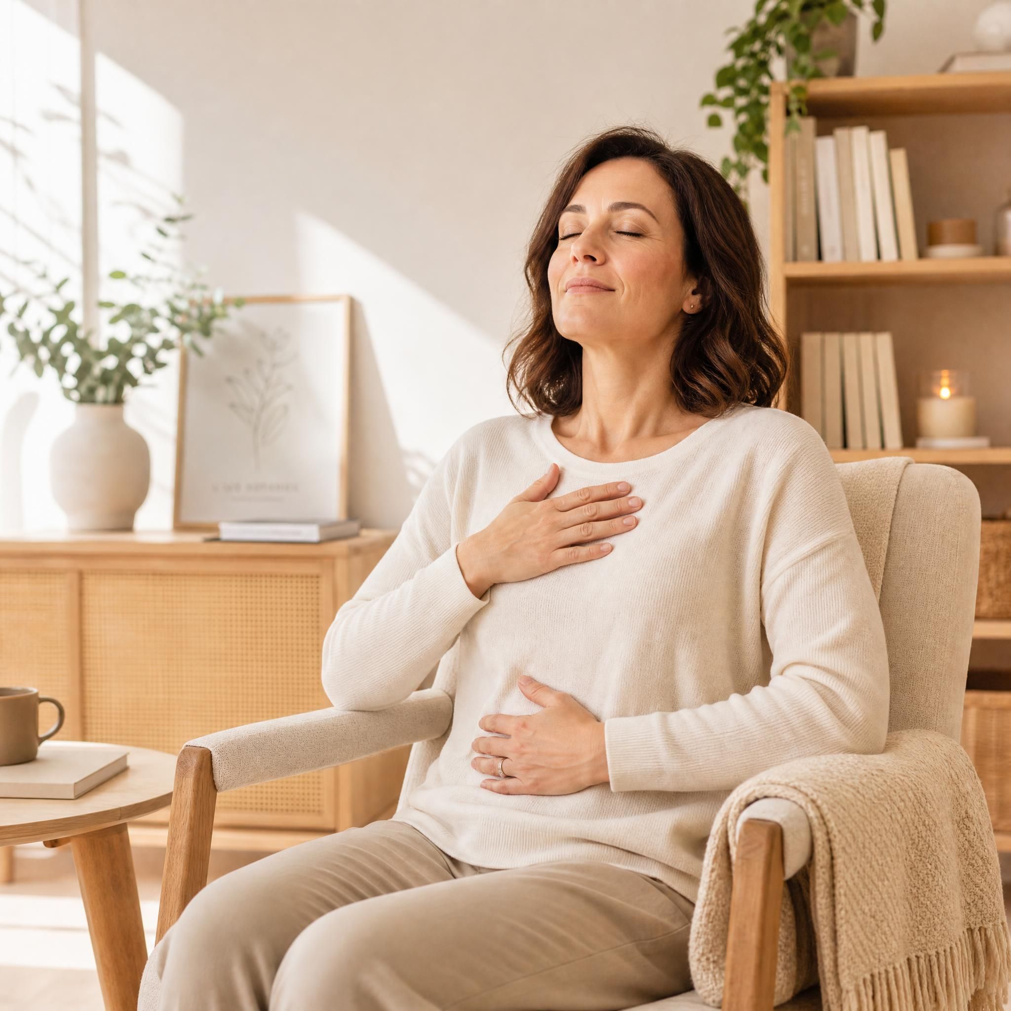 Femme d'environ 40 ans, yeux fermés, visage serein, assise dans un fauteuil chaleureux, pratiquant un exercice de respiration profonde dans un espace lumineux aux tons beige et bois clair