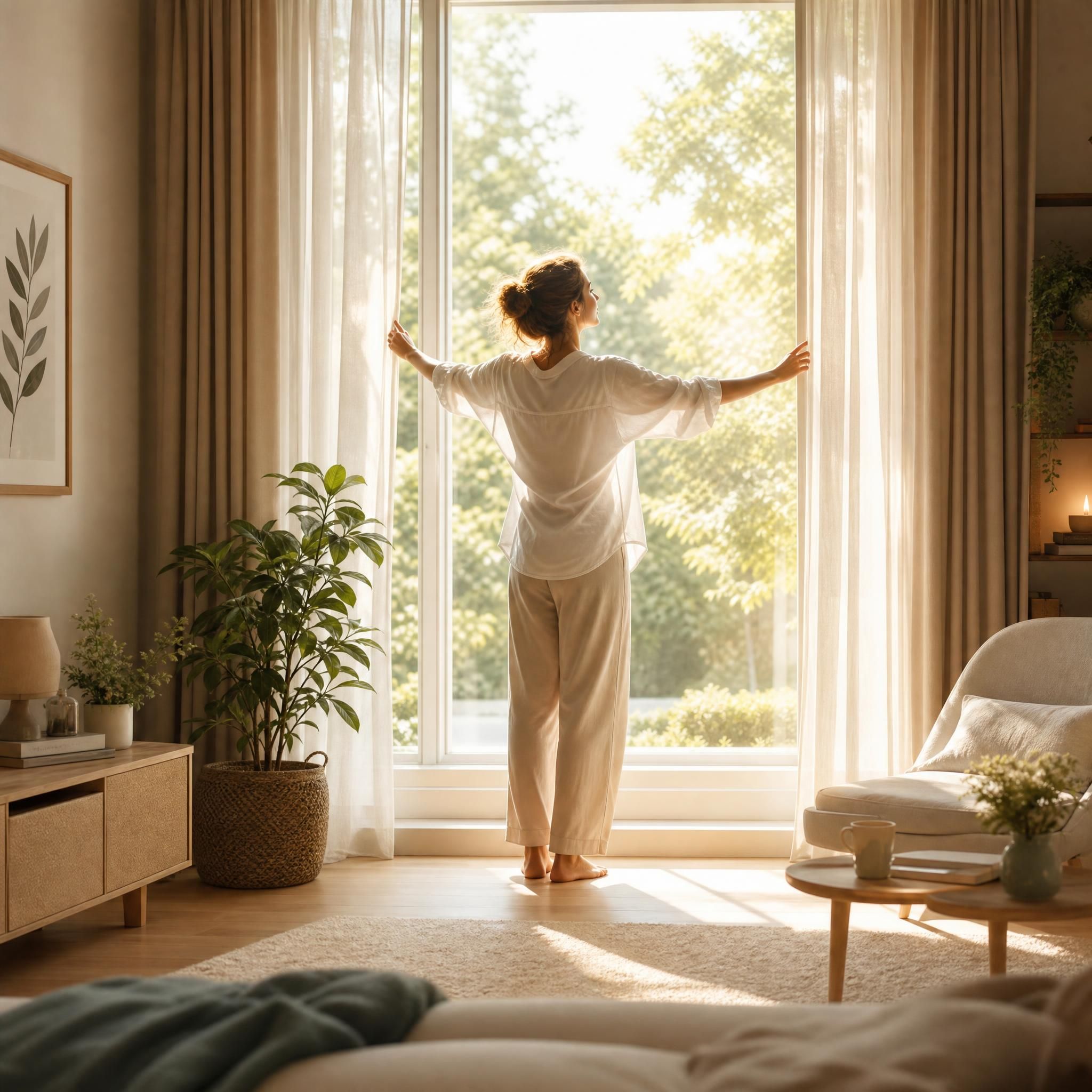 Femme debout face à une fenêtre lumineuse dans un espace intérieur chaleureux, posture ouverte et sereine, expression de paix intérieure retrouvée — plan large