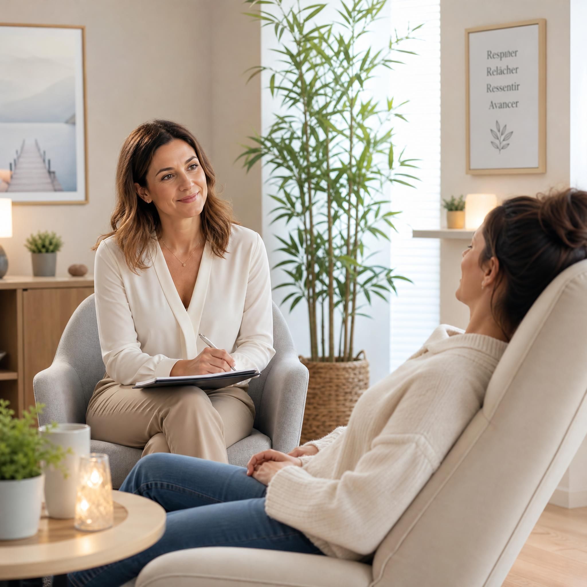 Praticienne hypnothérapeute en cabinet moderne, lumière douce, posture bienveillante face à une patiente détendue dans un fauteuil — plan moyen