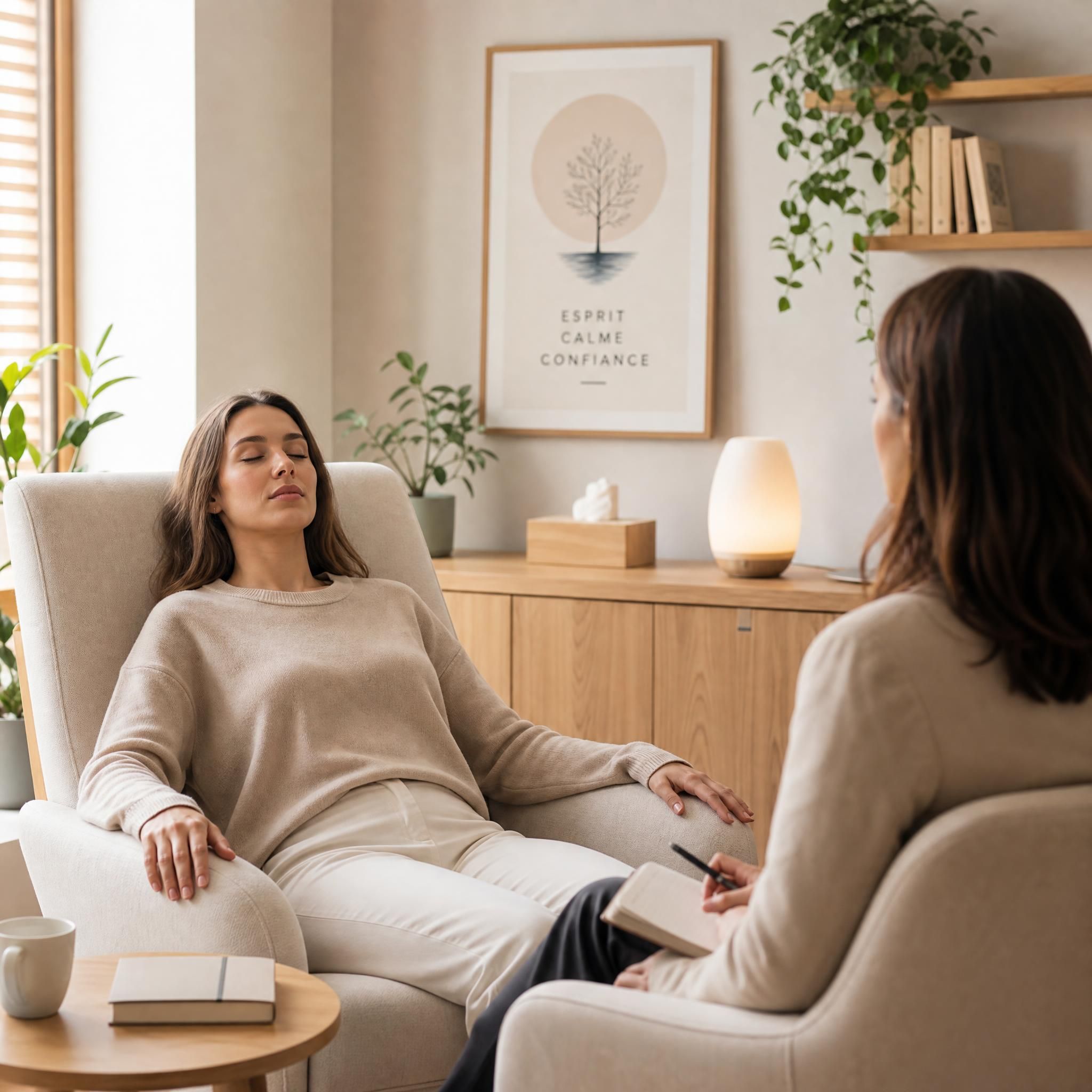 Femme sereine en séance d'hypnothérapie dans un cabinet moderne aux tons beige et bois clair, lumière naturelle douce, ambiance bienveillante et apaisante — plan moyen