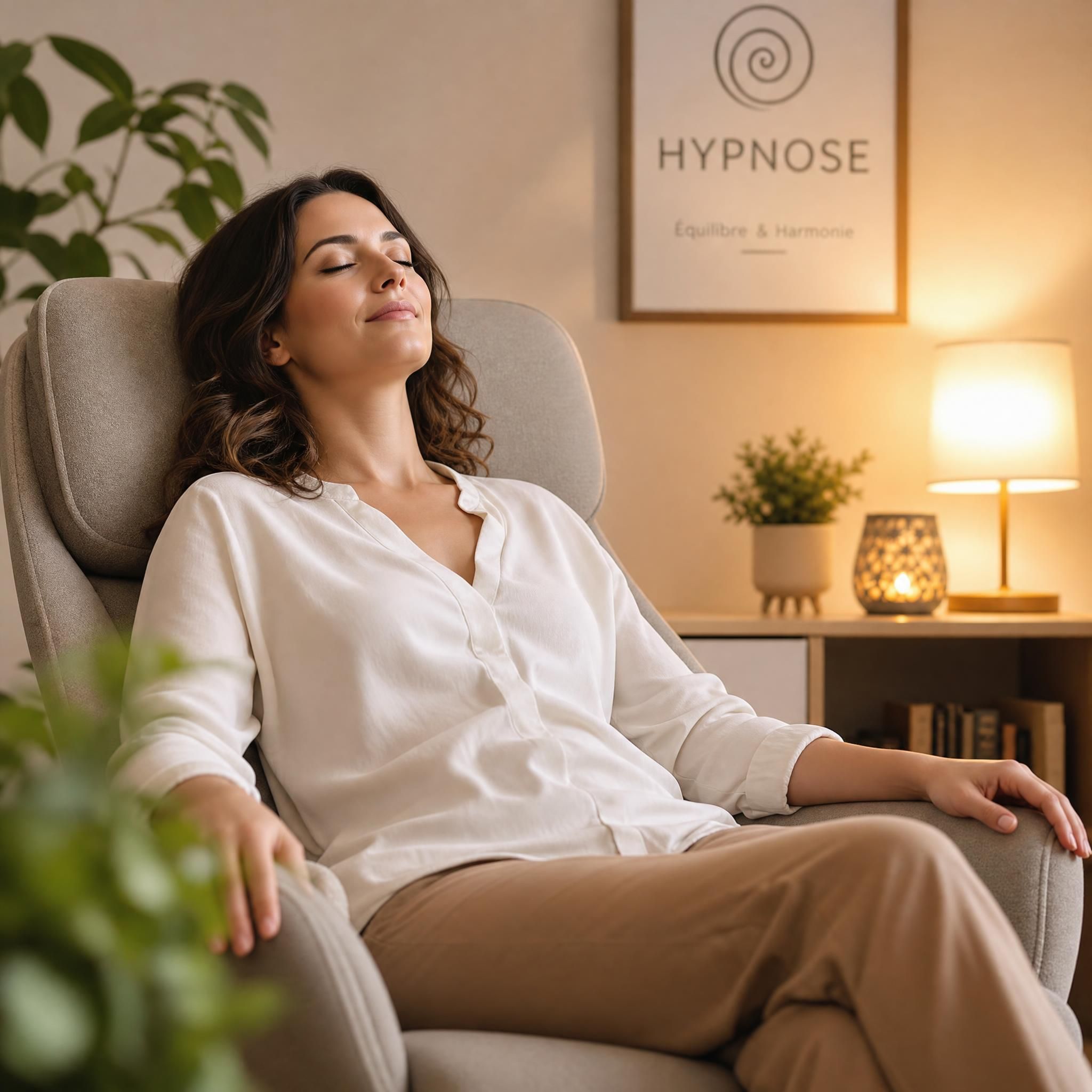 Femme d'une trentaine d'années en état de relaxation profonde dans un fauteuil confortable, yeux fermés, expression sereine et apaisée, lumière douce, ambiance de cabinet d'hypnose chaleureux