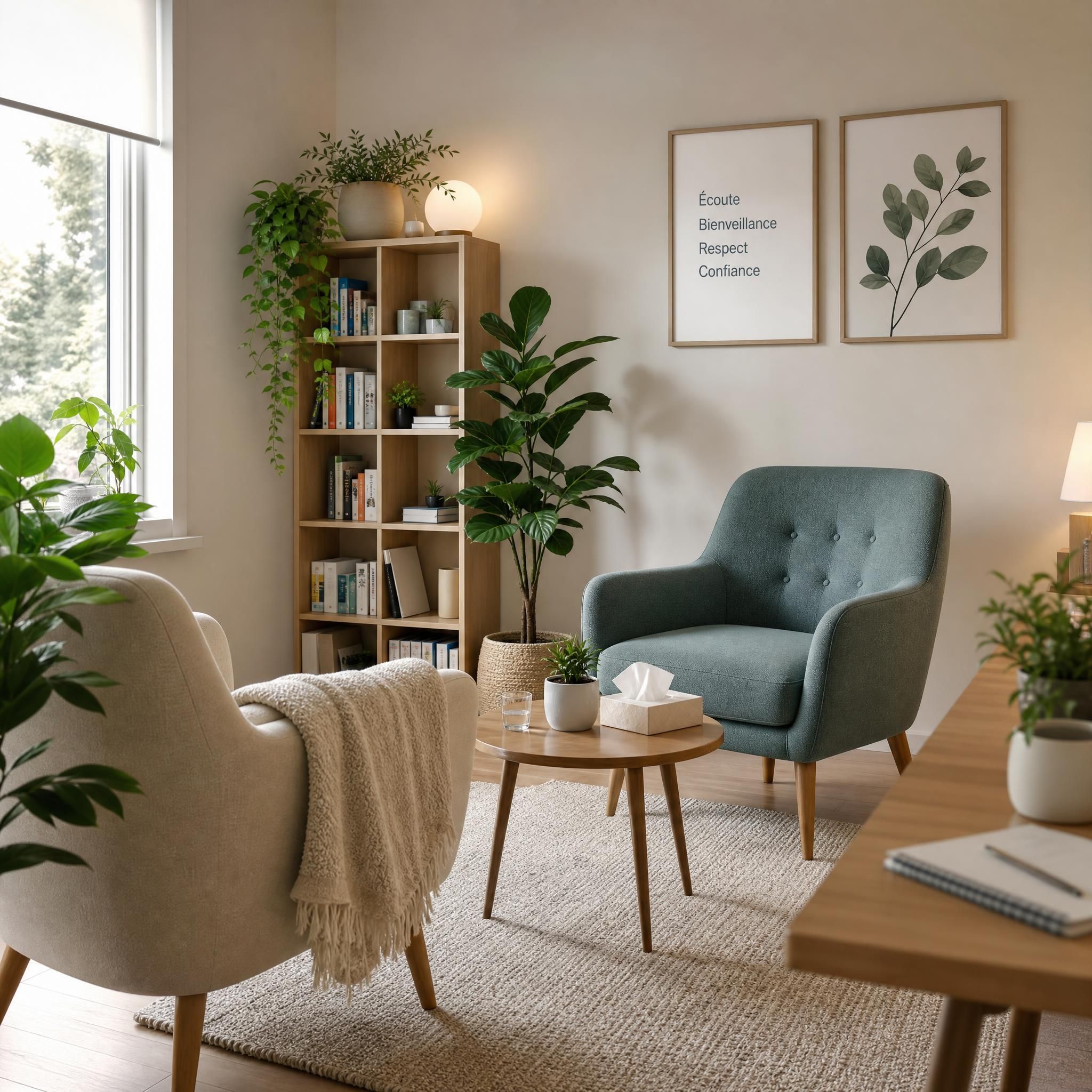 Vue d'ensemble apaisante d'un cabinet de thérapie moderne et chaleureux, fauteuil confortable, plantes vertes, lumière naturelle douce, ambiance bienveillante et sécurisante