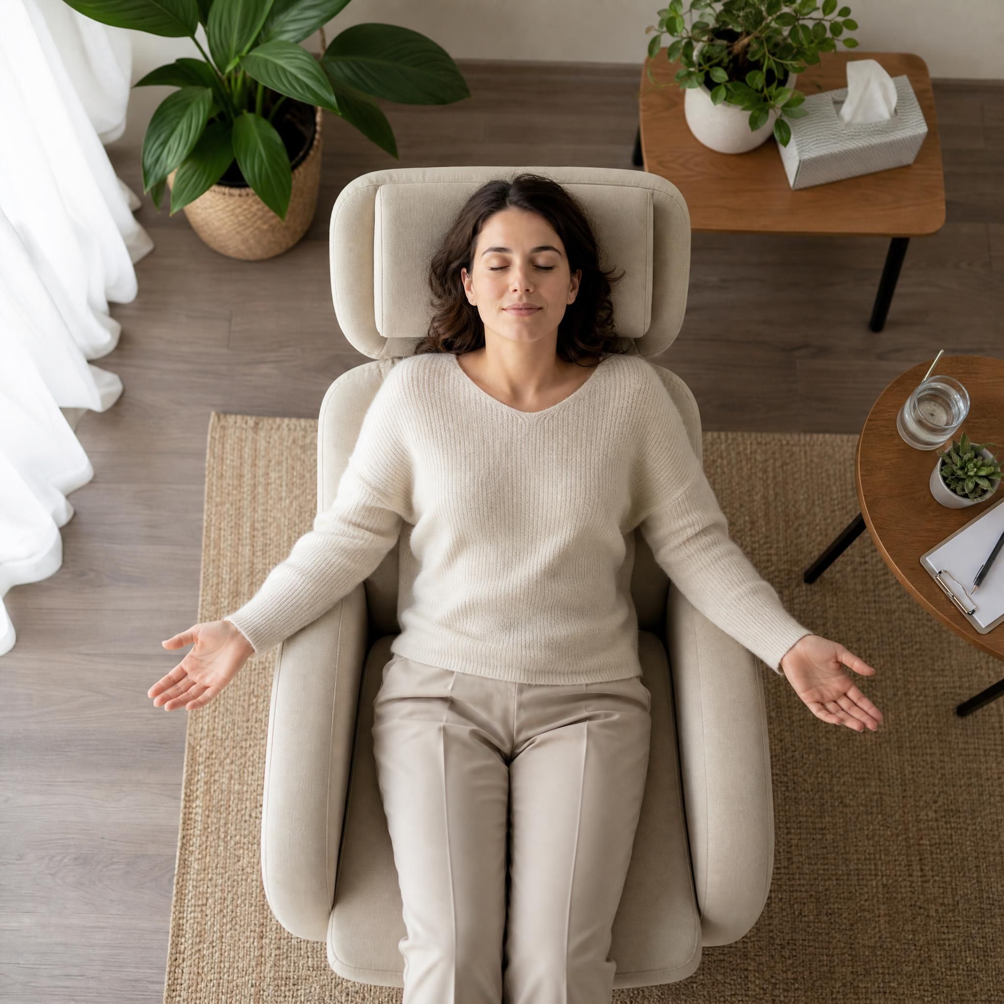 Vue de dessus d'une femme allongée en état de relaxation profonde dans un fauteuil de cabinet thérapeutique, mains ouvertes et posture détendue, lumière naturelle douce