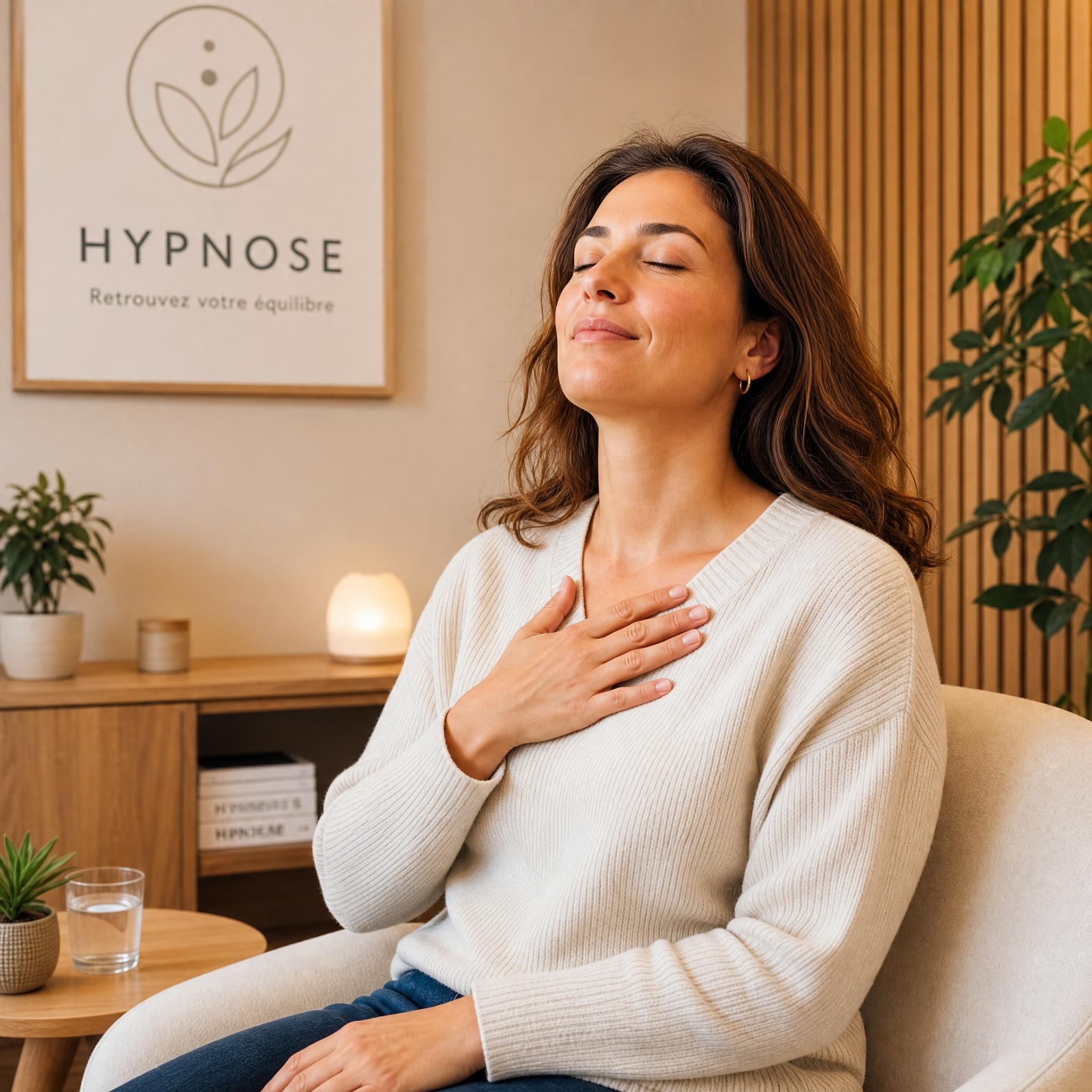 Femme d'une trentaine d'années, sereine, posant la main sur sa poitrine, yeux mi-clos, expression de soulagement profond dans un cabinet d'hypnose moderne aux tons beige et bois clair