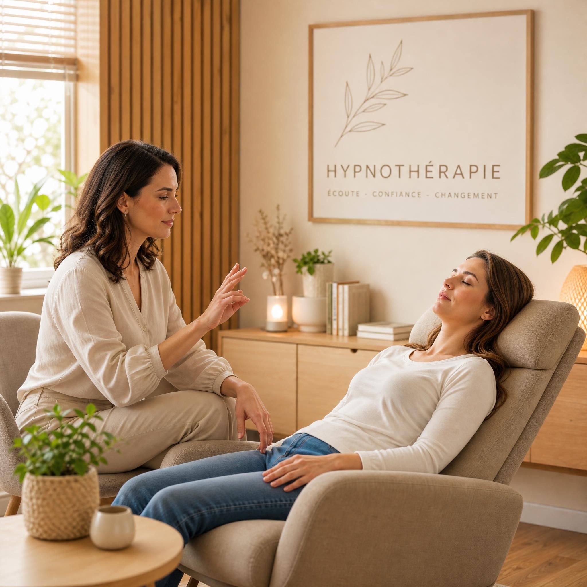 Hypnothérapeute en cabinet chaleureux aux tons beige et bois clair, guidant une patiente en état de relaxation profonde dans un fauteuil confortable, lumière naturelle douce