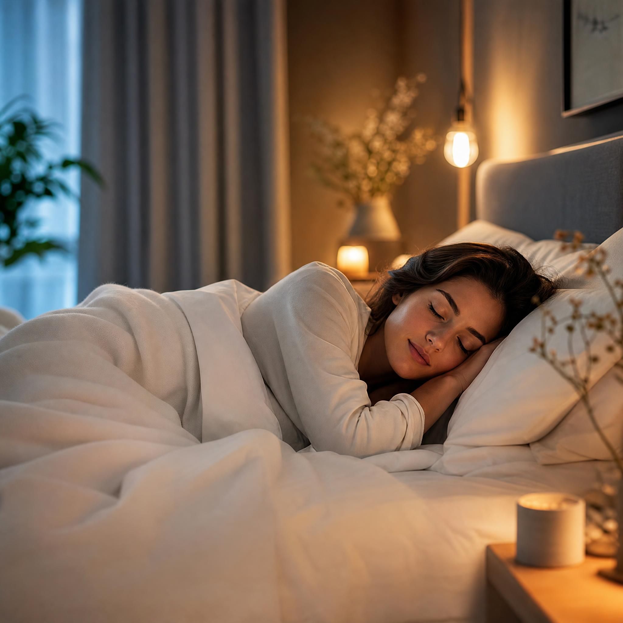 Femme qui s'endort paisiblement dans une chambre tamisée aux tons doux, draps blancs moelleux, lumière chaude et apaisante en fond, ambiance sérénité et lâcher-prise