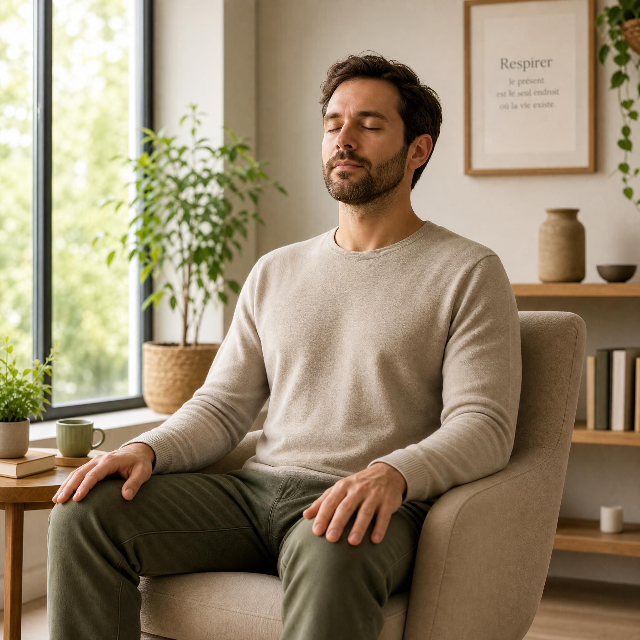 Homme assis en position détendue dans un fauteuil, yeux fermés, mains posées sur les genoux, expression sereine et concentrée, ambiance apaisante avec lumière naturelle douce, tons beige et vert, plan moyen, format 16:9