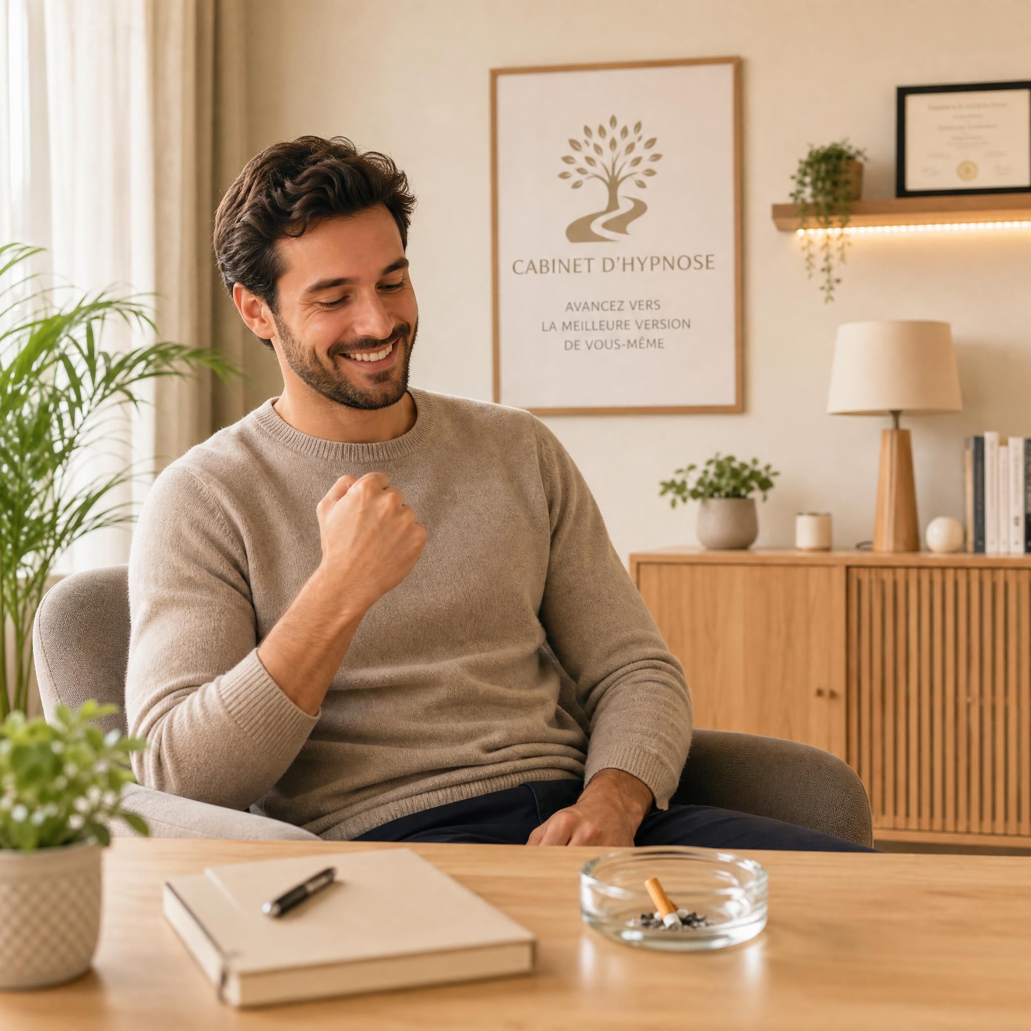 Homme souriant qui regarde une cigarette écrasée dans un cendrier, expression de liberté et de fierté, cabinet d'hypnose moderne chaleureux aux tons beige et bois clair, lumière naturelle douce, plan moyen, format 16:9