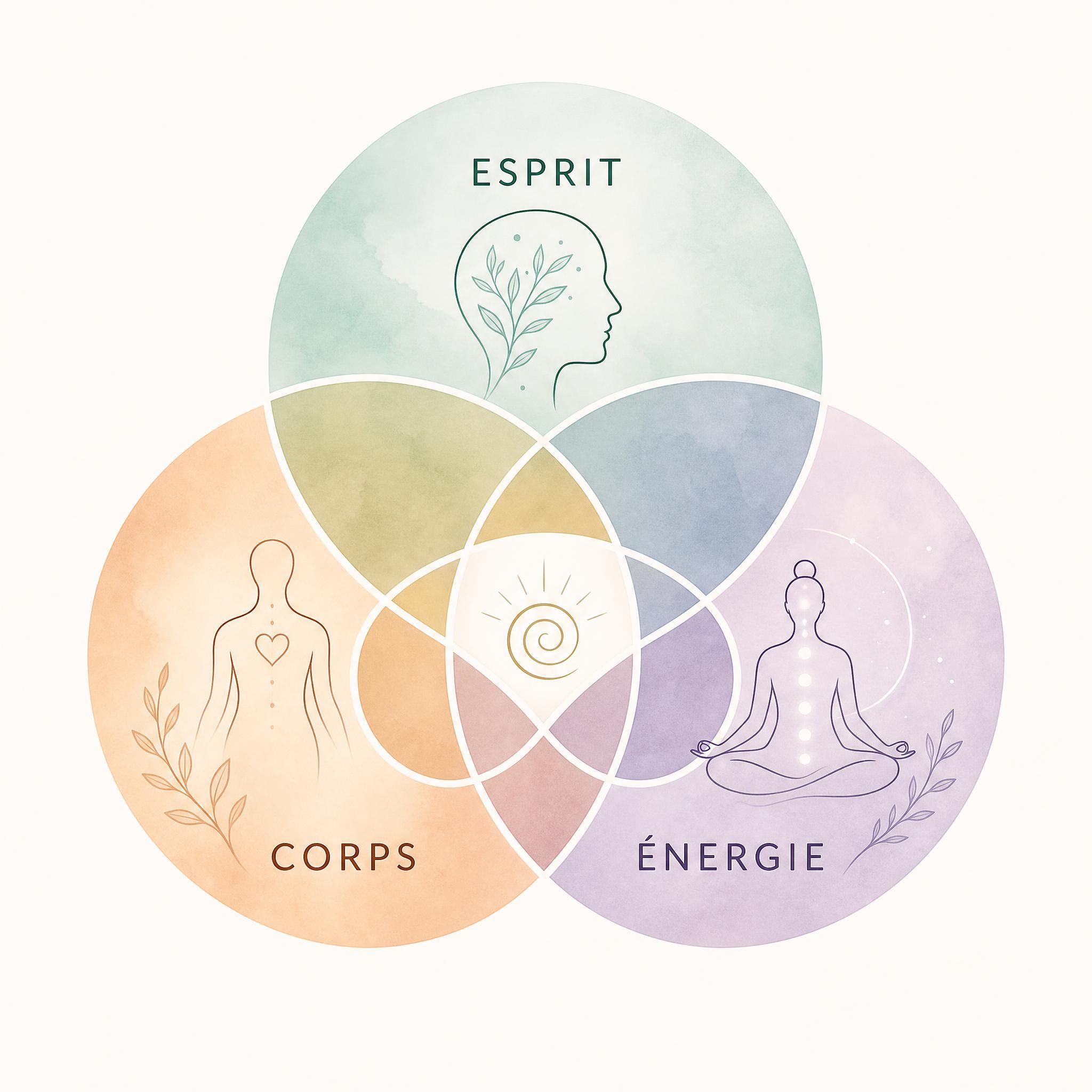 illustration symbolique des trois dimensions corps-esprit-énergie, cercles entrelacés en couleurs douces