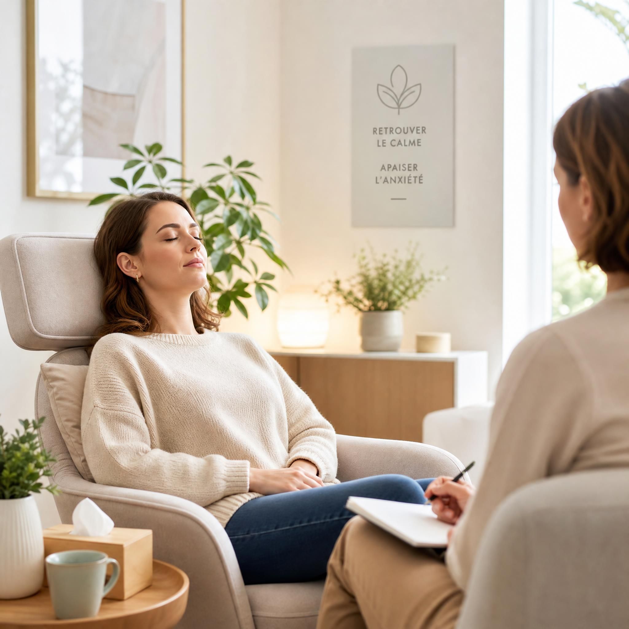 Femme assise dans un espace calme et lumineux, les yeux fermés, dans un état de détente profonde lors d'une séance d'hypnose thérapeutique pour l'anxiété