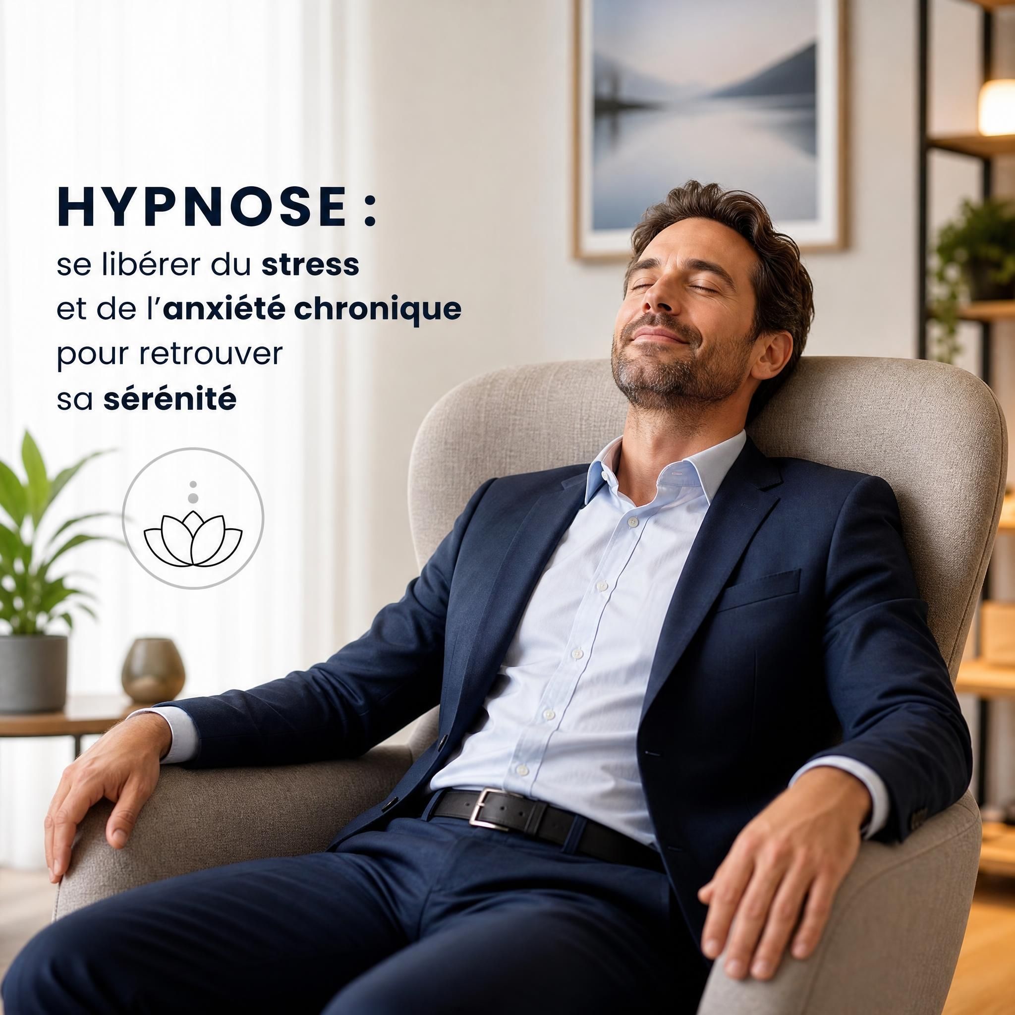 Homme en costume détendu, assis dans un fauteuil confortable, les épaules basses, symbolisant la libération du stress et de l'anxiété chronique après un accompagnement en hypnose